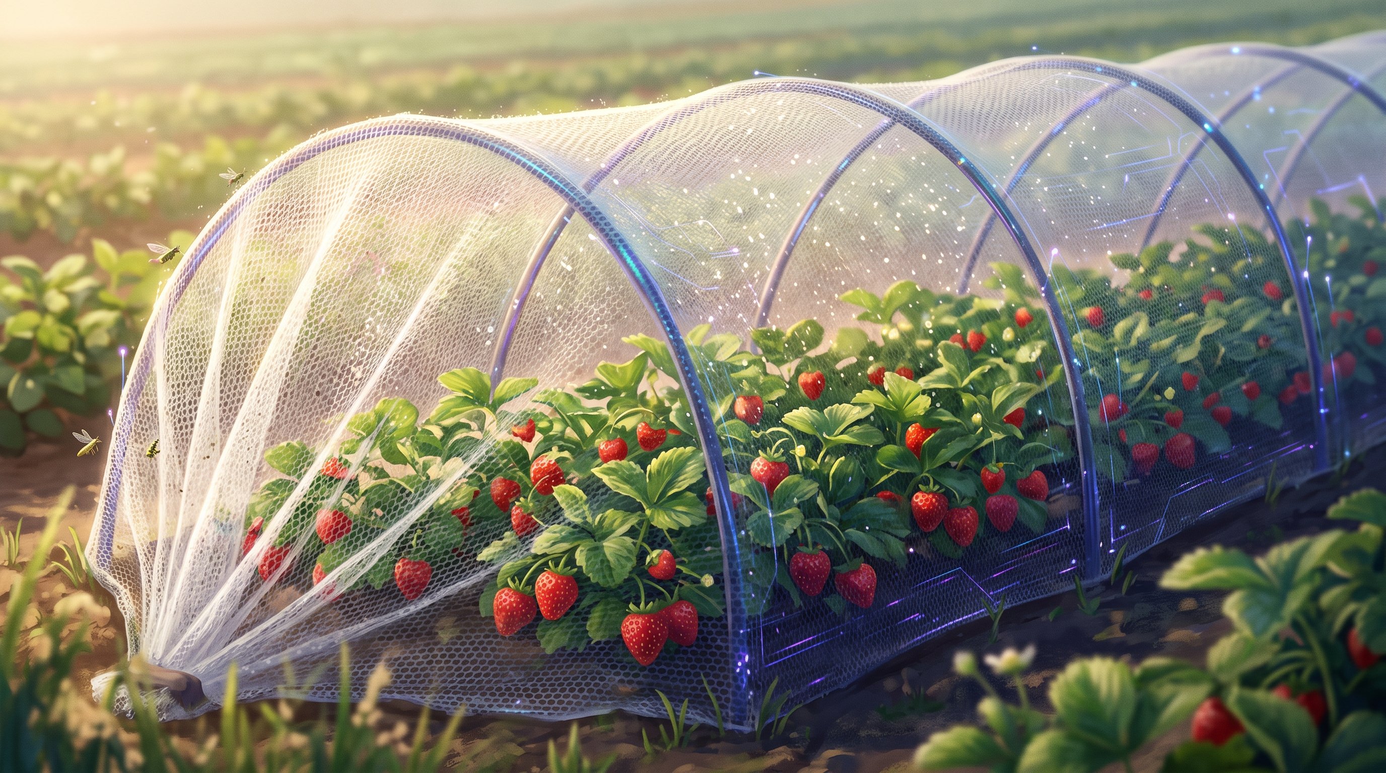 A low tunnel of white, finely knitted mesh on hoops stands over a row of strawberry plants full of red strawberries in a sunny field; small insects fly outside the mesh.