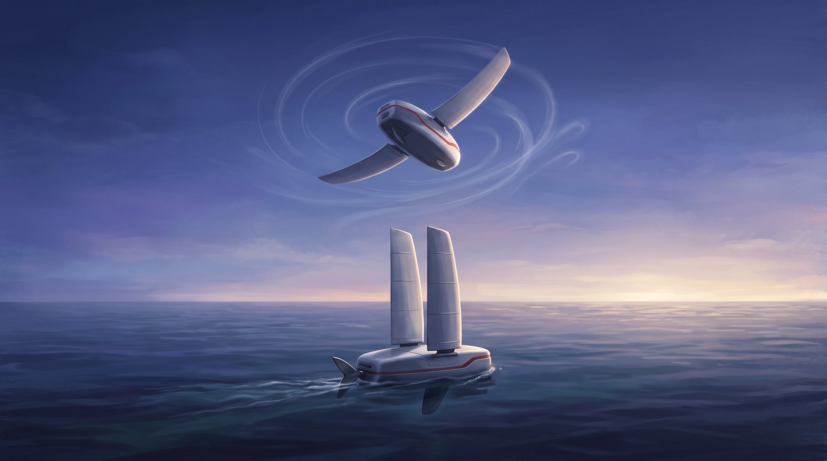 A white robot with two wings spins in the air above a calm sea. Below it, an identical robot sails on the water, with its two wings upright as sails and a rudder shaped like a fish tail.