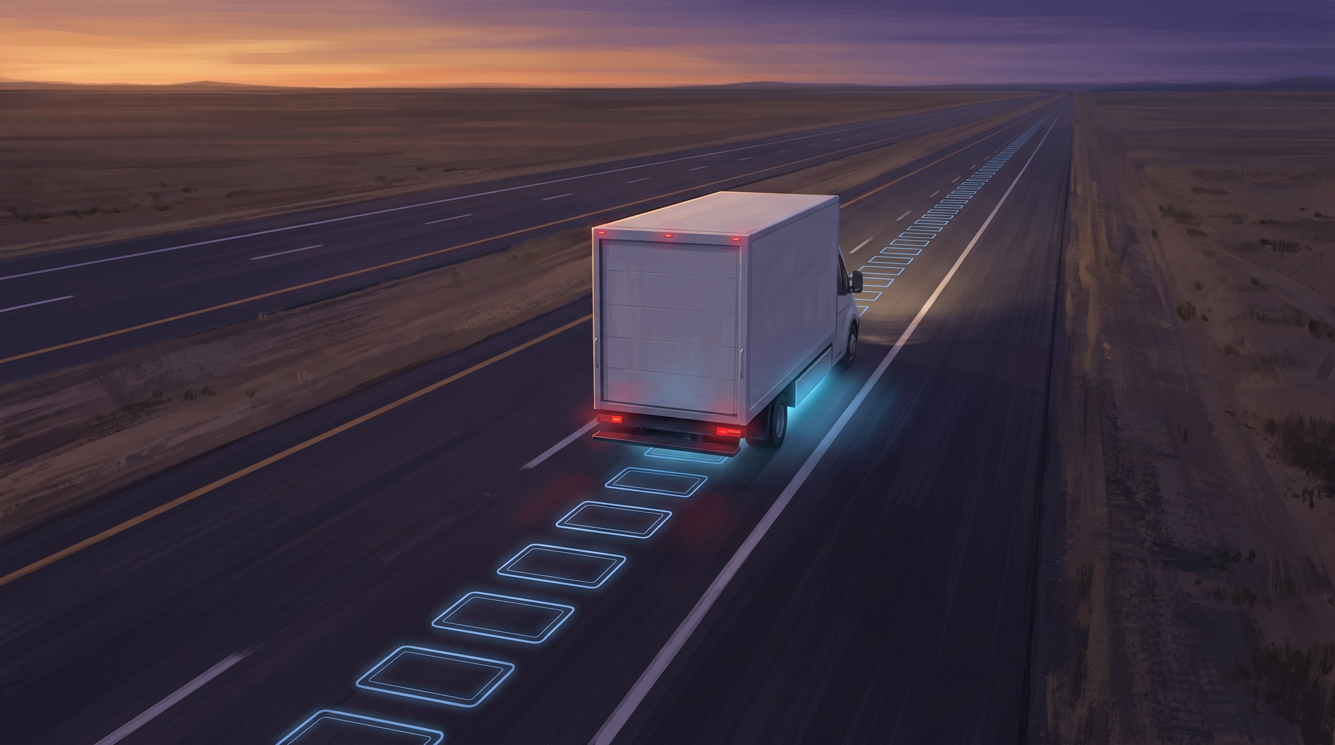 White box lorry seen from behind and above on an empty motorway at sunset. A row of glowing blue rectangular coils lies in the road surface; blue light shines beneath the vehicle.