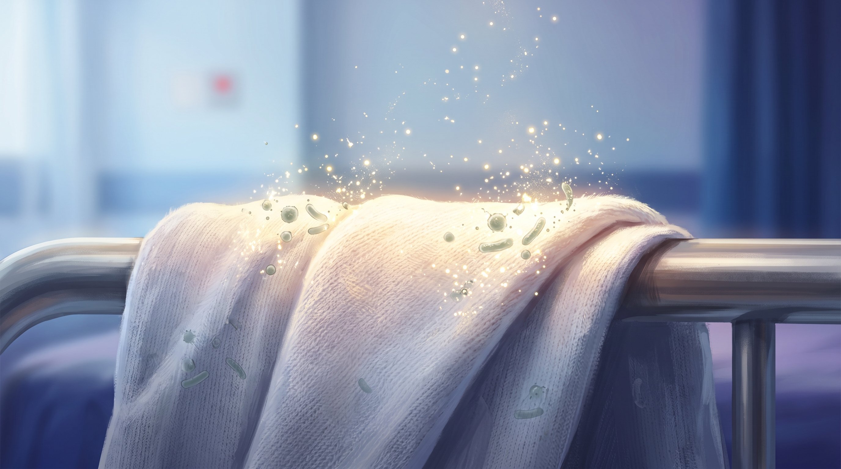 White cotton cloth over the metal rail of a hospital bed. Where the light falls on the fabric, small green-grey bacteria dissolve into golden sparks; a few still remain in the shaded folds.
