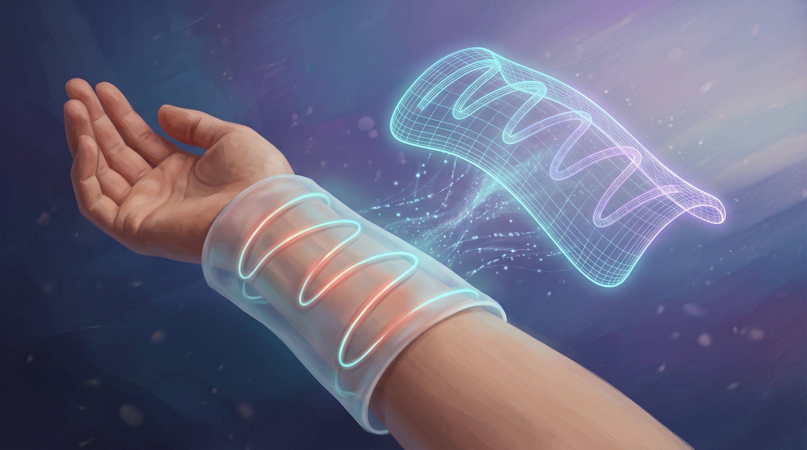 Transparent, soft sleeve around a forearm with a glowing zigzag line of light fibres inside. Beside it floats a light blue 3D wireframe model of the same curved sheet with the same zigzag.