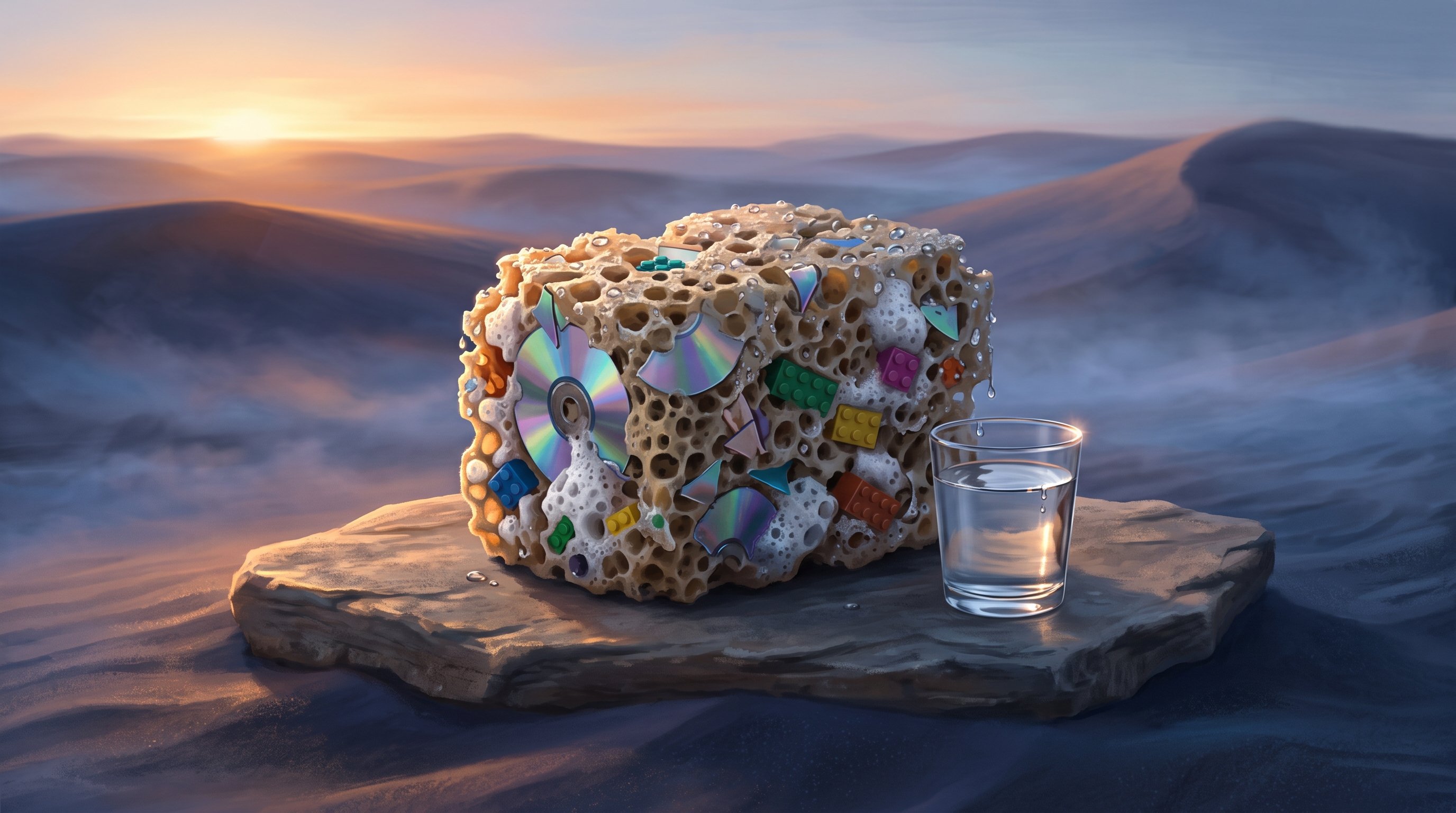 Porous, sponge-like block full of pieces of CD and coloured toy bricks on a flat stone in the desert at sunrise, with water droplets on it and a glass of water beside it.