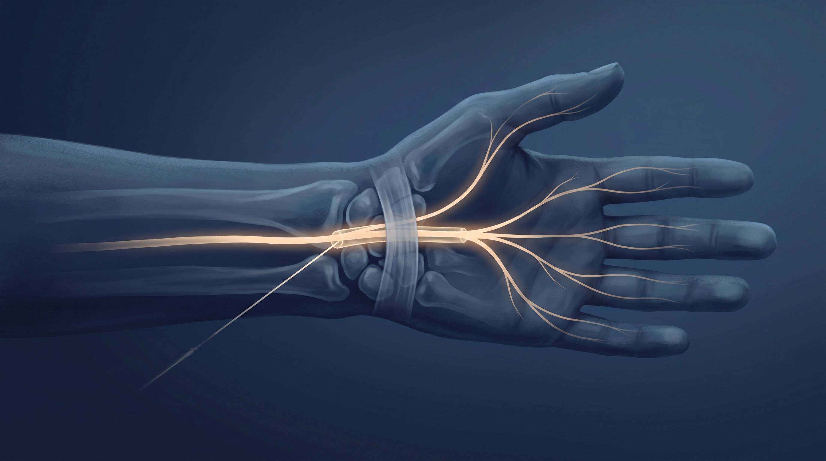Translucent hand and wrist against a dark blue background. A glowing nerve runs in a sleeve of fluid under a band across the wrist bones and branches out to the fingers; a thin needle points towards the tunnel.