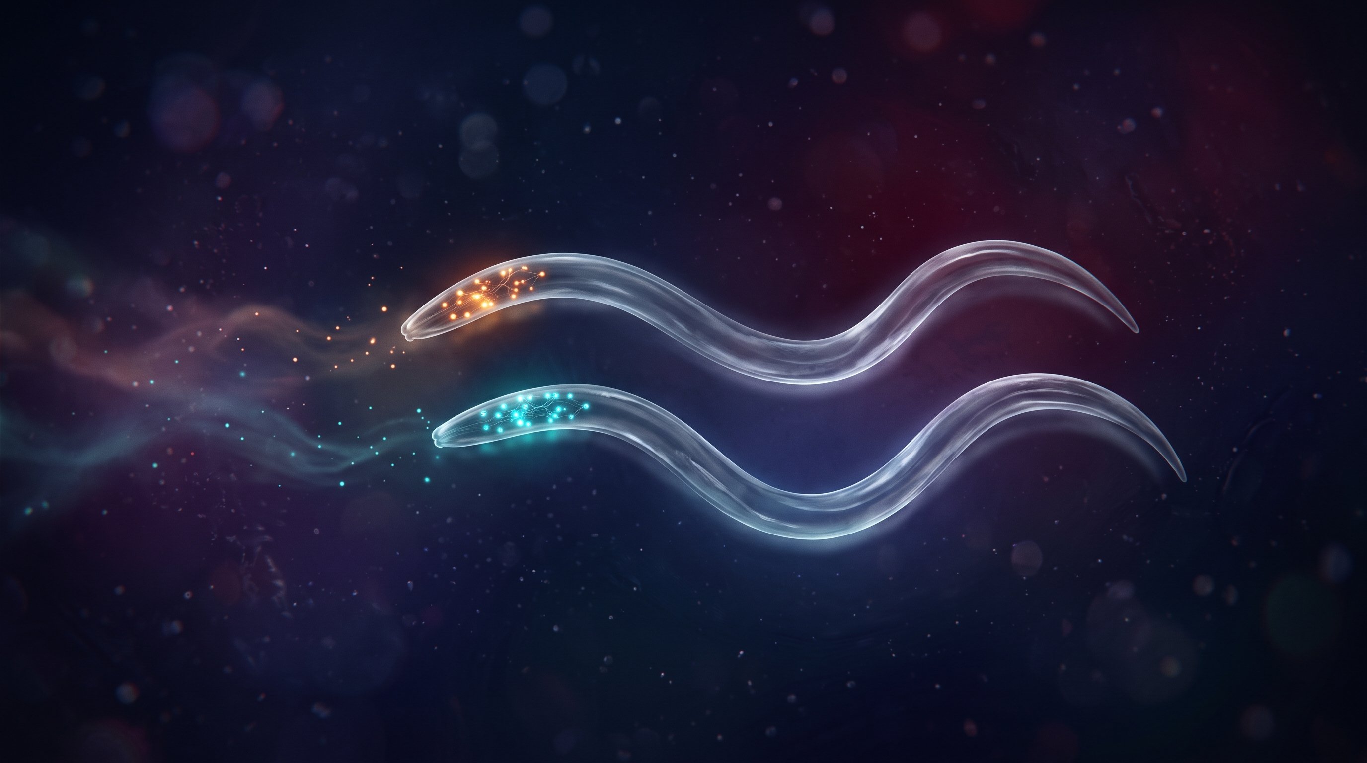 Two transparent, slender worms side by side against a dark blue background. In the head of one, nerve cells light up orange; in the head of the other, turquoise, while coloured mist drifts towards their heads.