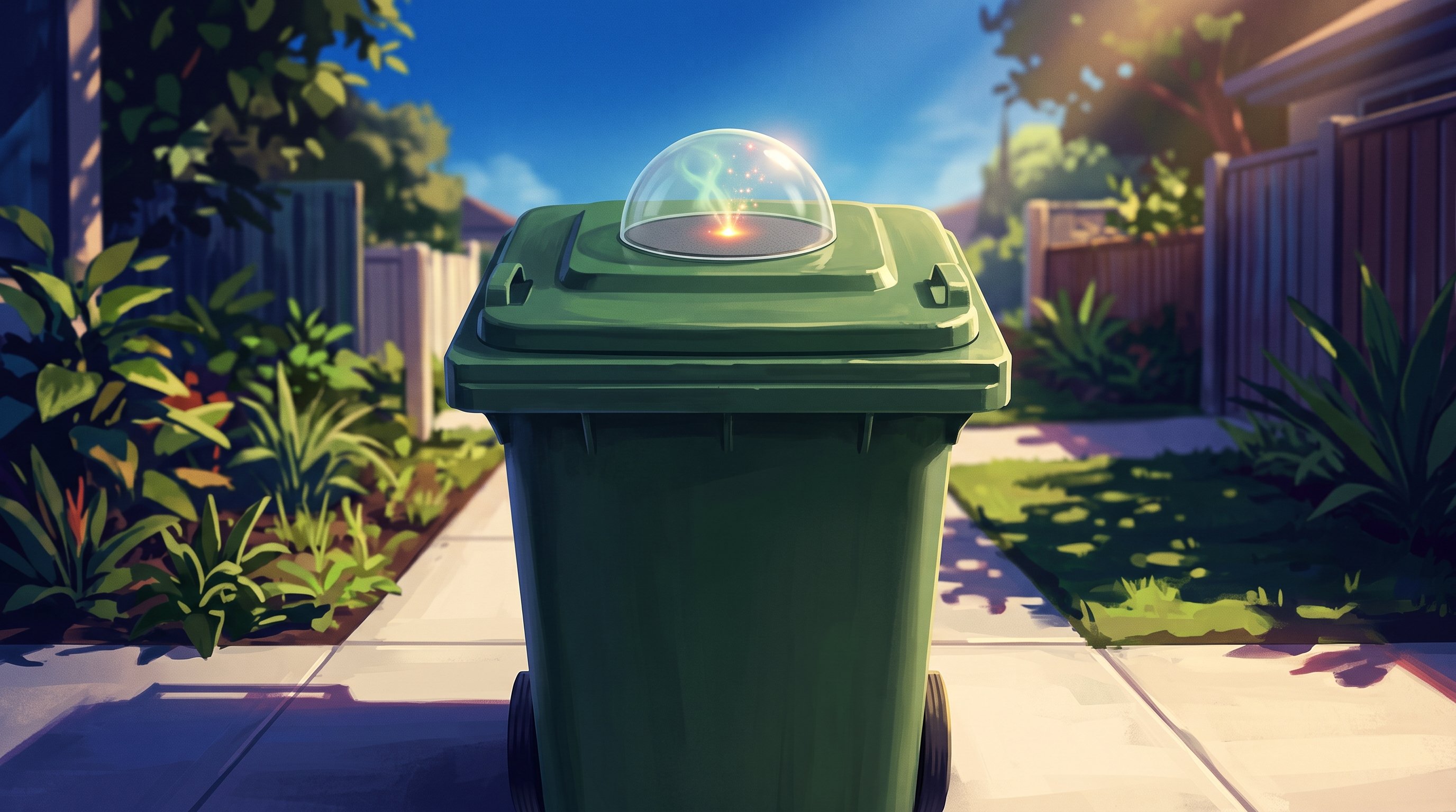 Green wheelie bin with a closed lid on a sunny pavement. In the middle of the lid sits a transparent dome; inside it, sunlight is focused into a bright point of light, where a greenish wisp of smell dissolves into golden sparks.