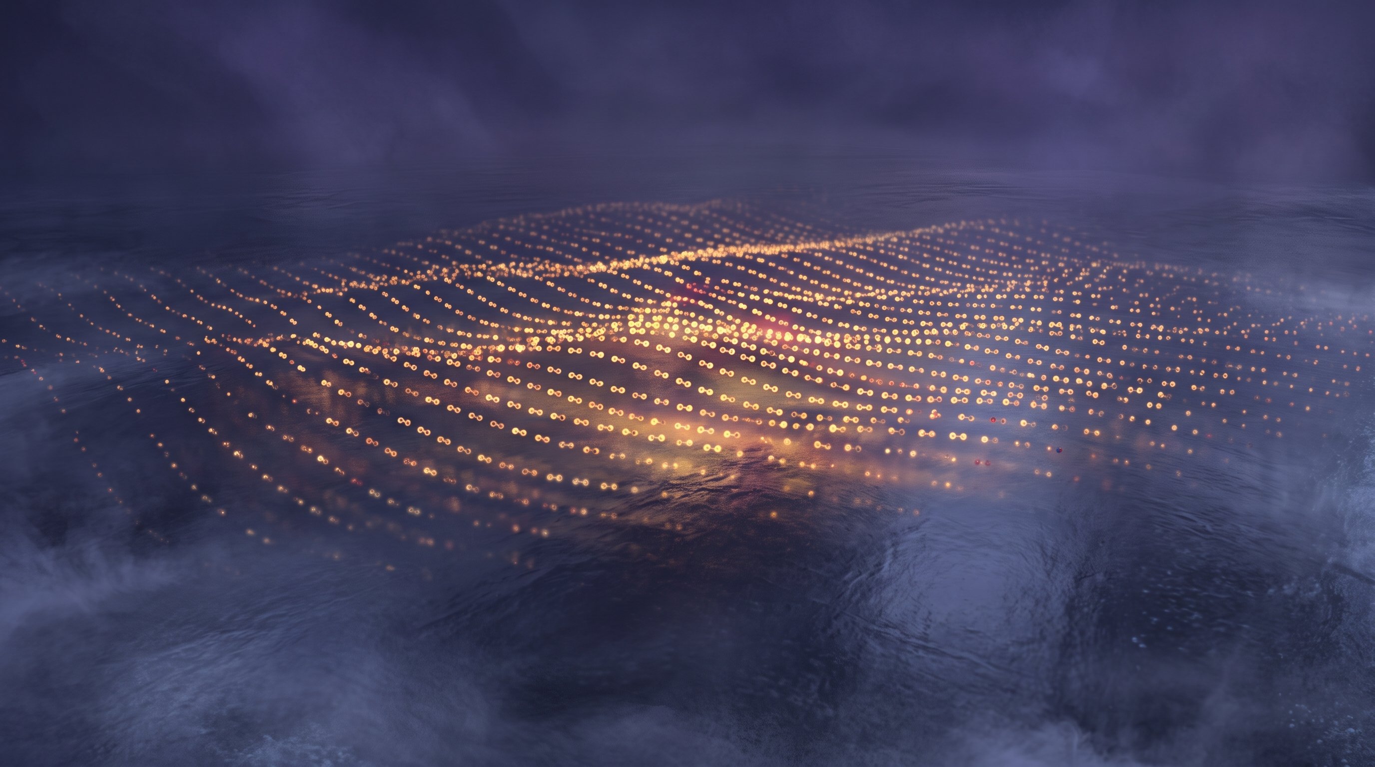 Golden points of light linked in twos float in wavy rows above a dark, shiny surface, surrounded by blue-violet mist.