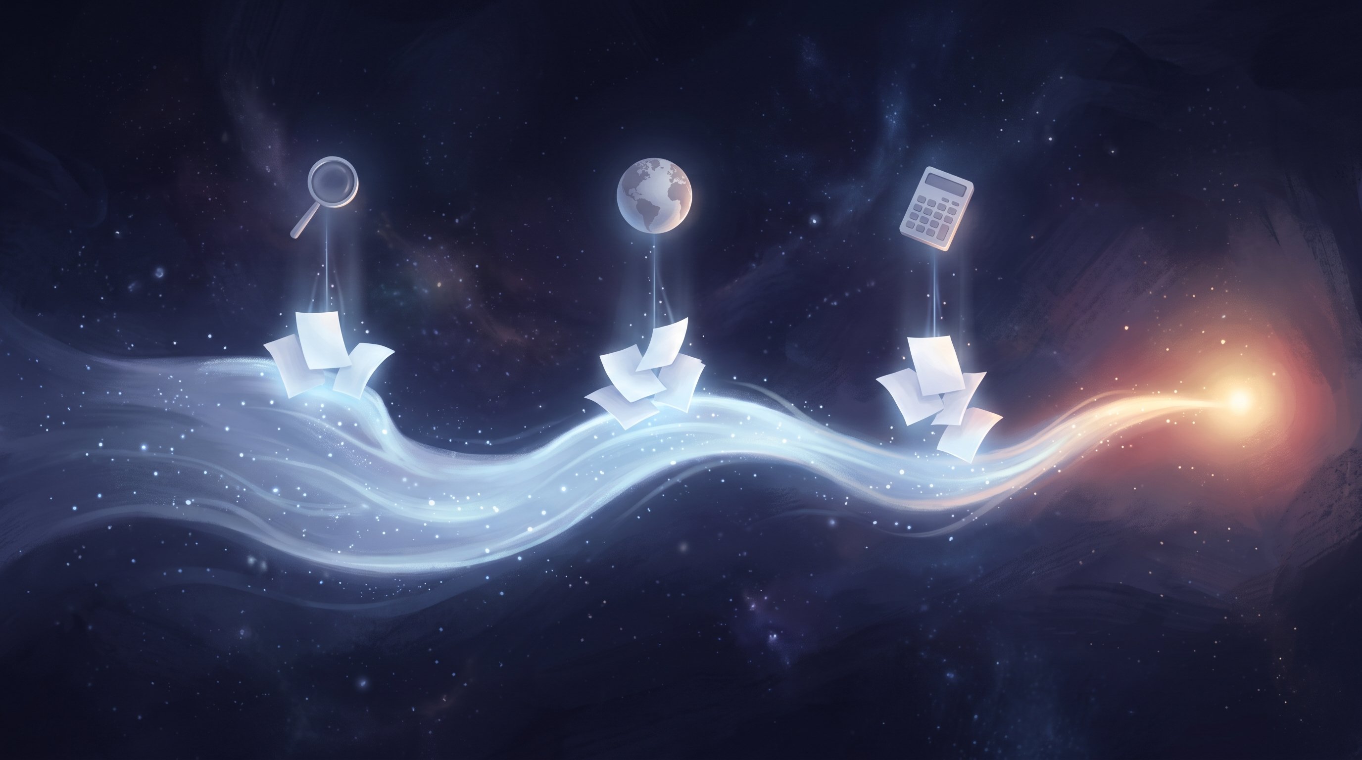 A wavy stream of blue-white light in a dark starry sky, with loose white sheets of paper at three points and above them a magnifying glass, a globe and a calculator. On the right the stream ends in a warm orange point of light.