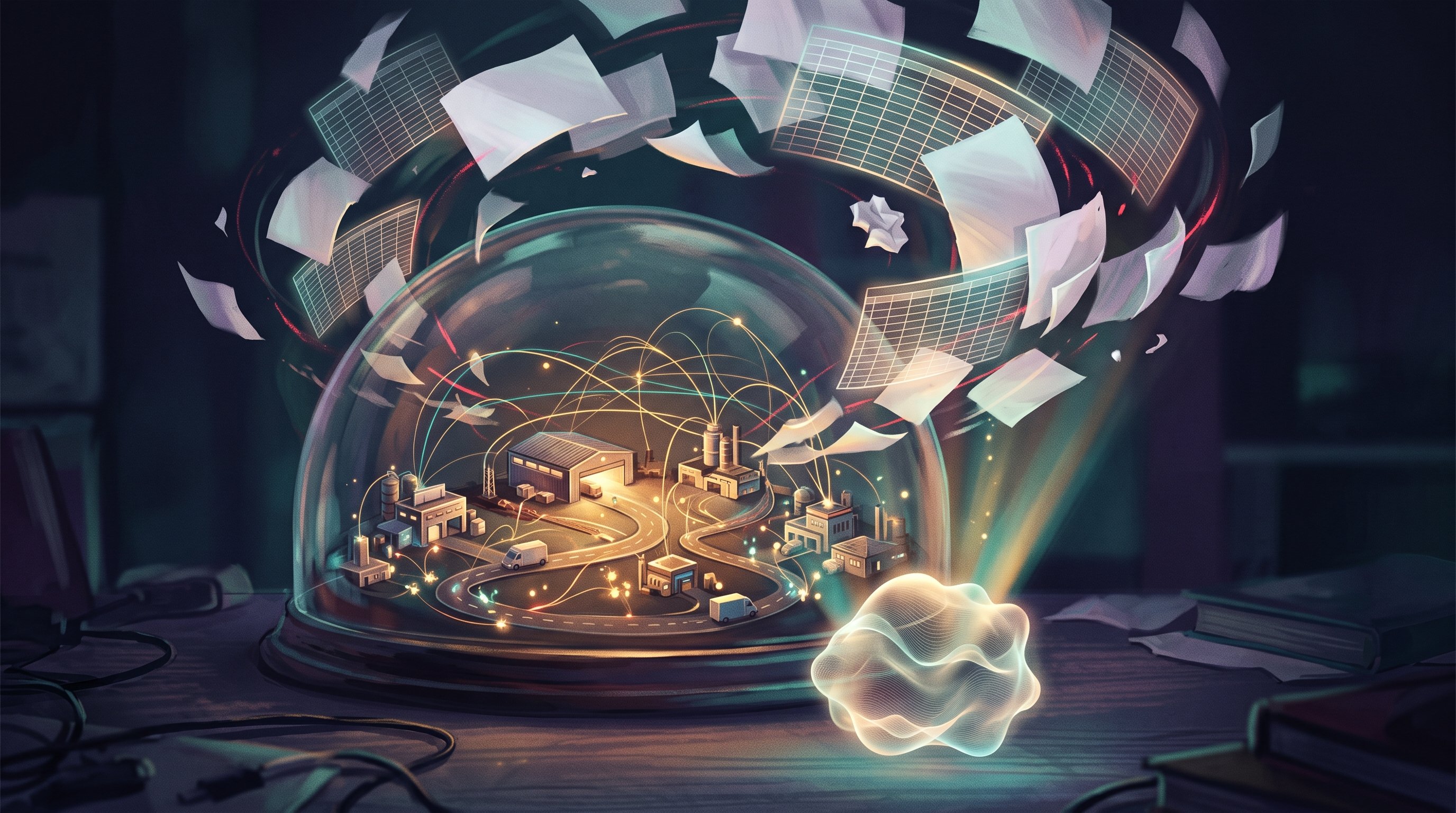 Glass dome with a miniature world: a warehouse, small factories and delivery vans on winding roads, connected by glowing lines. Above it, sheets of paper and empty tables swirl; in front, a glowing shape watches.