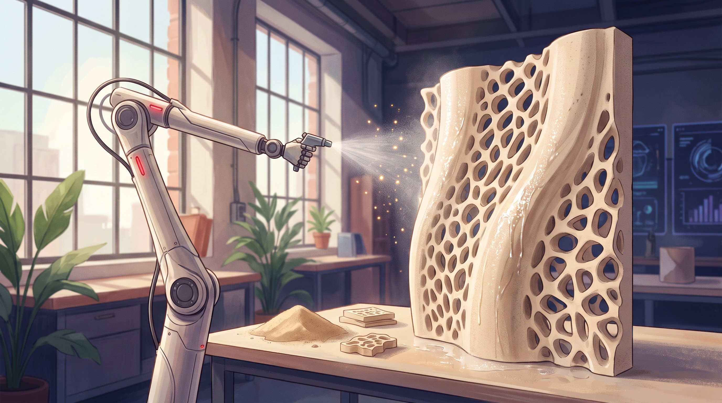 A robotic arm in a bright workshop sprays a fine mist onto a wavy, sand-coloured wall panel full of round holes; on the workbench lie a small heap of sand and small pieces of the same material.