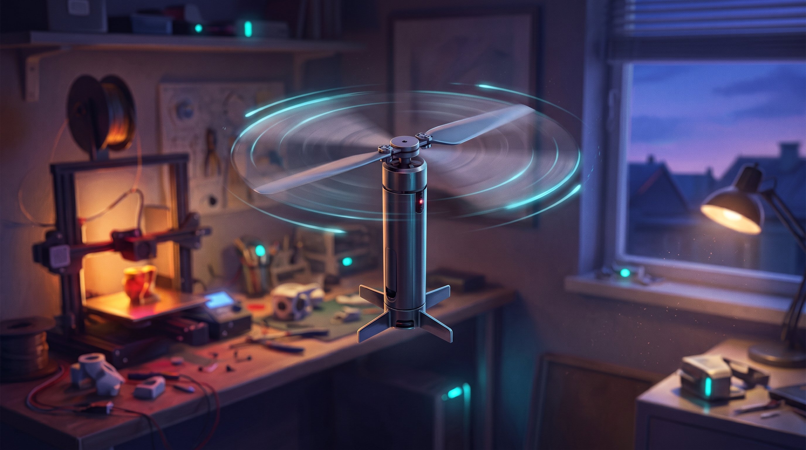 A slim, cylindrical drone with four fins at the bottom and one spinning two-bladed propeller on top hovers in a dimly lit room; a workbench with a 3D printer and a window are in the background.