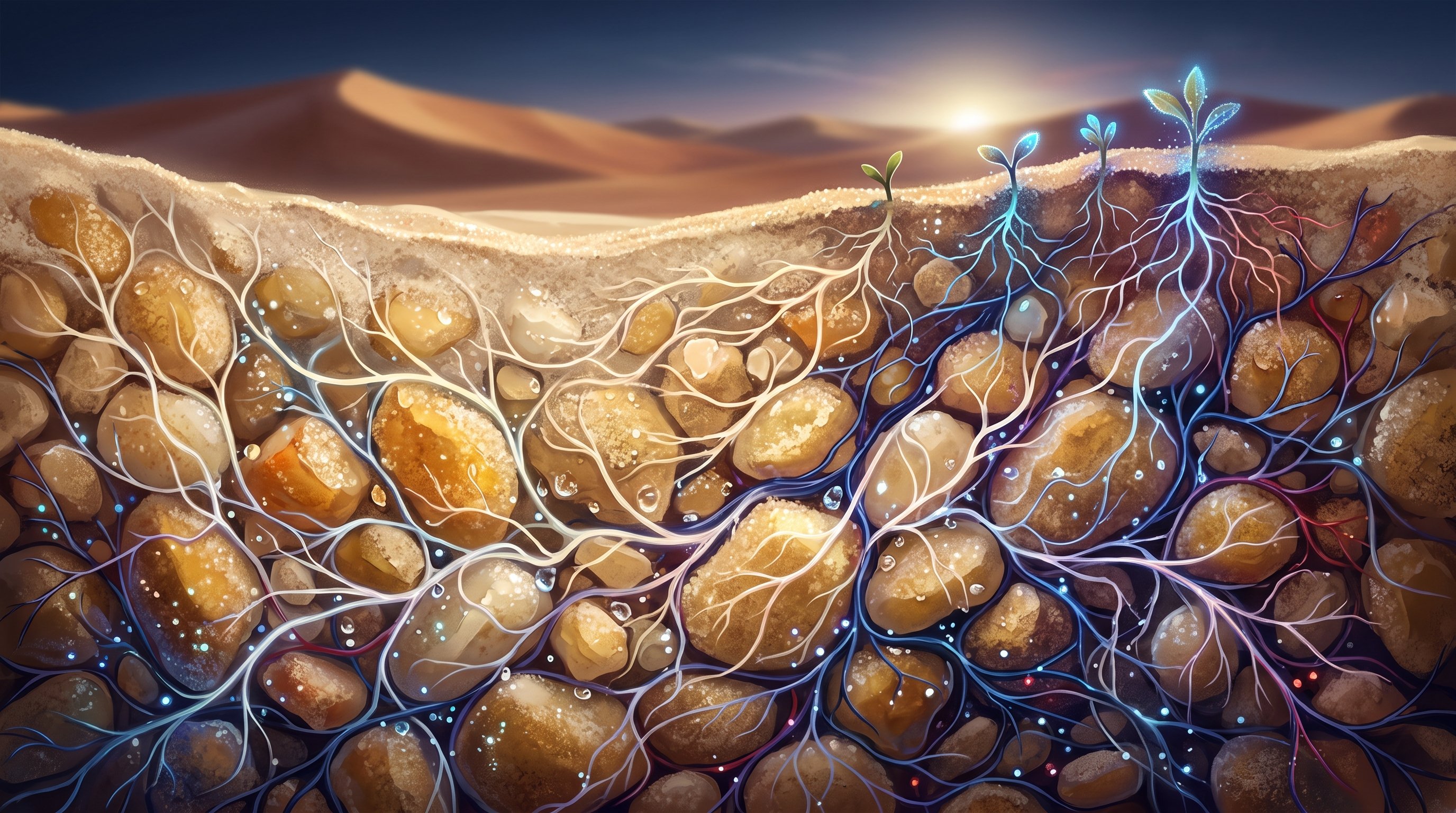 Cross-section of desert sand: large grains of sand are linked by a net of white and blue fibres, with water droplets between them. Small seedlings grow on top, with dunes and a low sun in the background.