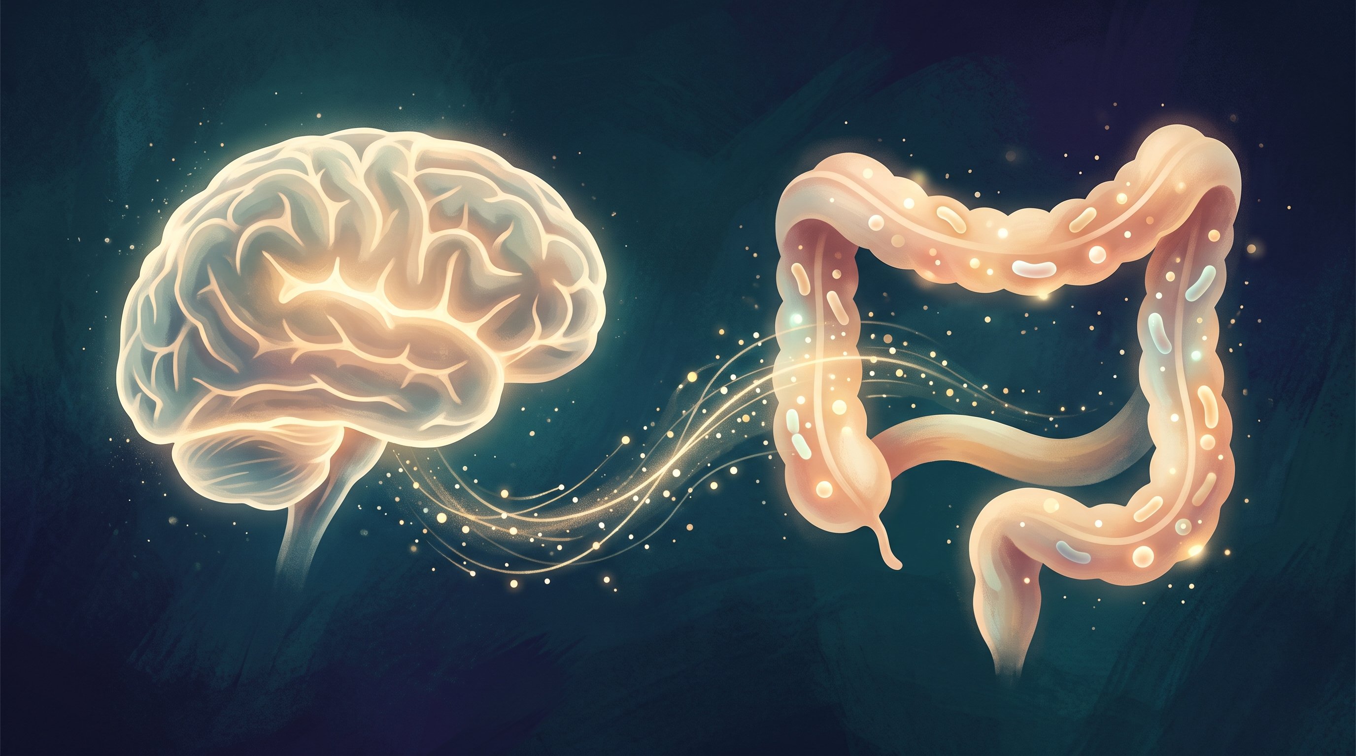 A glowing brain on the left and a stylised large intestine full of small round and rod-shaped bacteria on the right, connected by a stream of golden points of light, against a dark blue-green background.
