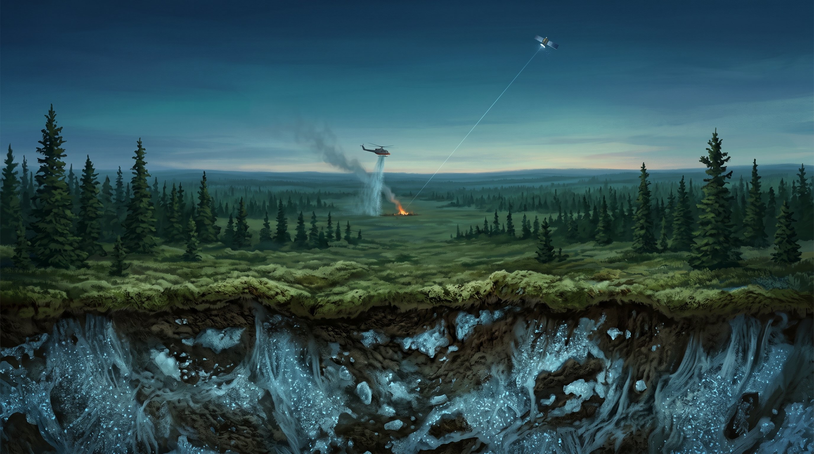 Green coniferous forest and mossy plain at dusk; a helicopter drops water on a small fire while a satellite points a beam of light at it. In front, a cross-section of the soil with frozen, ice-rich ground beneath the moss.