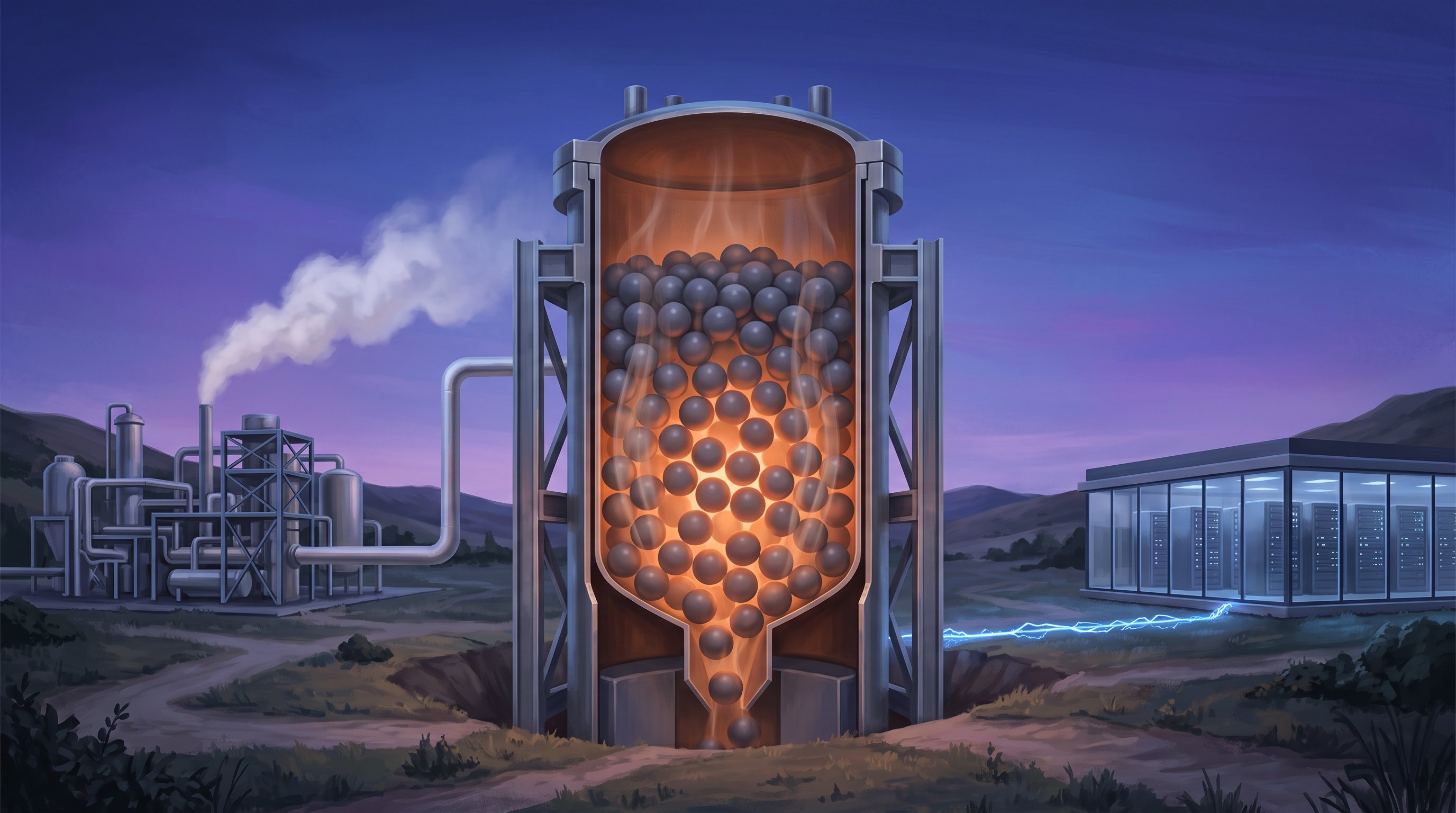 Cross-section of a tall steel reactor vessel full of dark grey balls glowing orange inside and sinking down through a funnel. On the left a factory with pipes and steam, on the right a glass data centre with server racks and a blue power line.