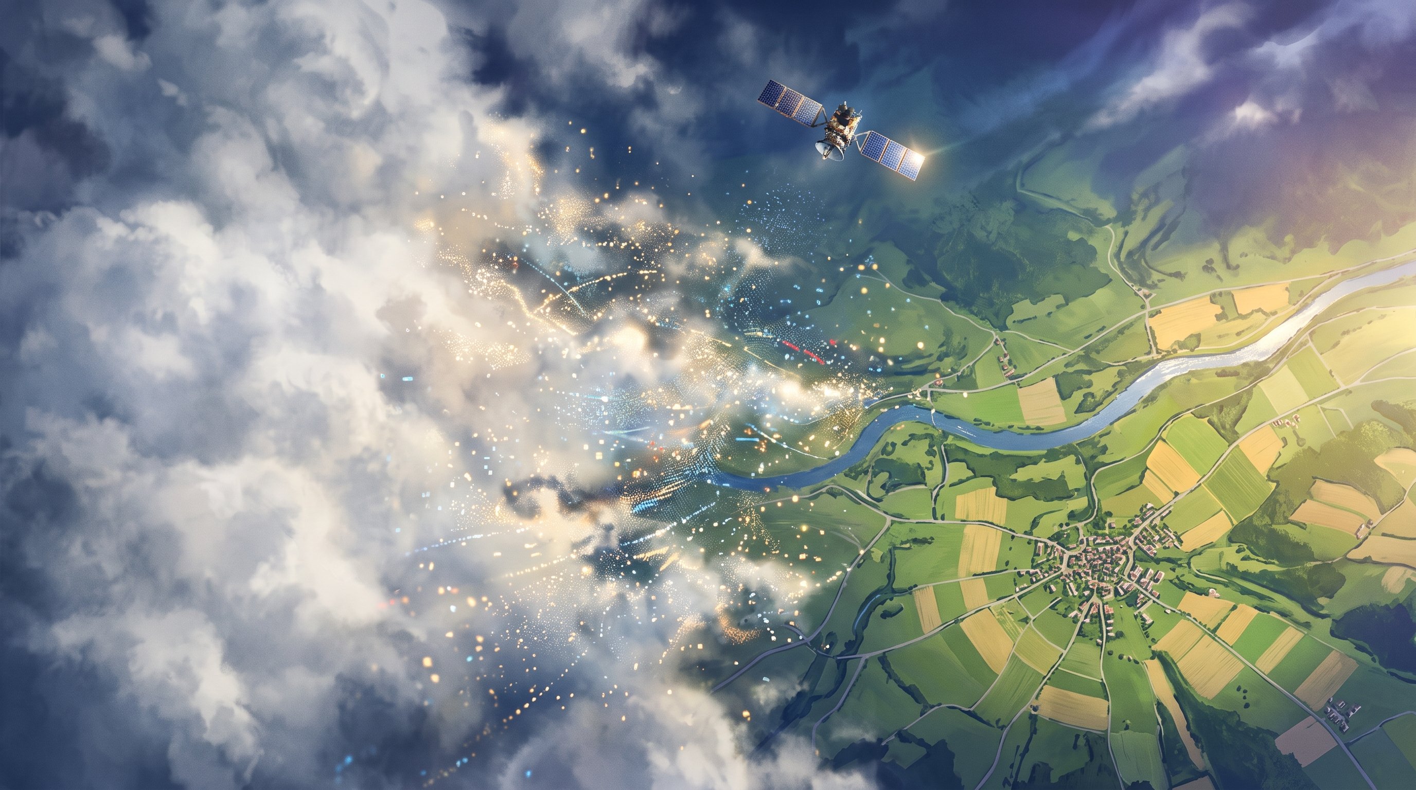 Aerial view from above: on the left, thick clouds that turn into points of light; on the right, a green river valley with fields, roads and a village. A satellite with solar panels floats above the valley.
