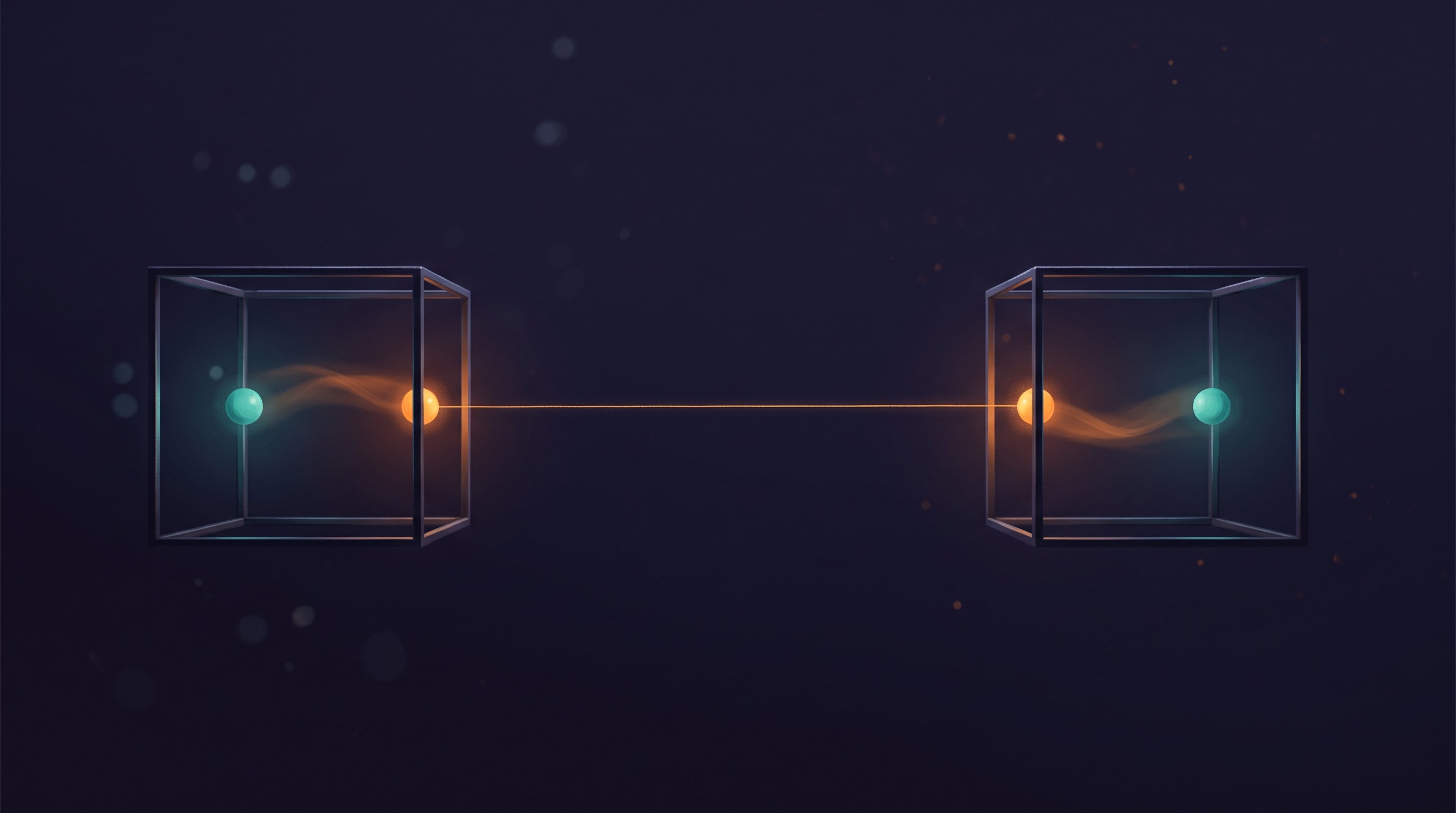 Two open, cube-shaped frames on a dark blue background. In each frame float an orange and a teal sphere; a thin orange thread of light connects the two orange spheres, and a glow runs from orange to teal.