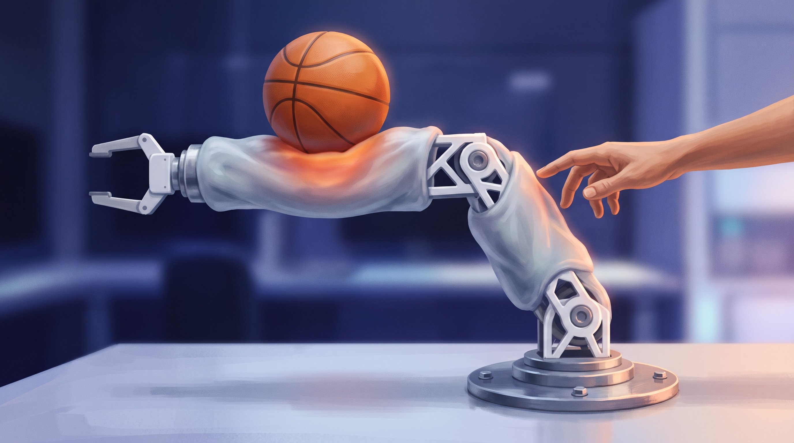 A white robot arm on a base on a lab table, with a soft grey skin over the upper arm and forearm. A basketball rests on the forearm, glowing orange where it presses; a human hand approaches the arm from the right.