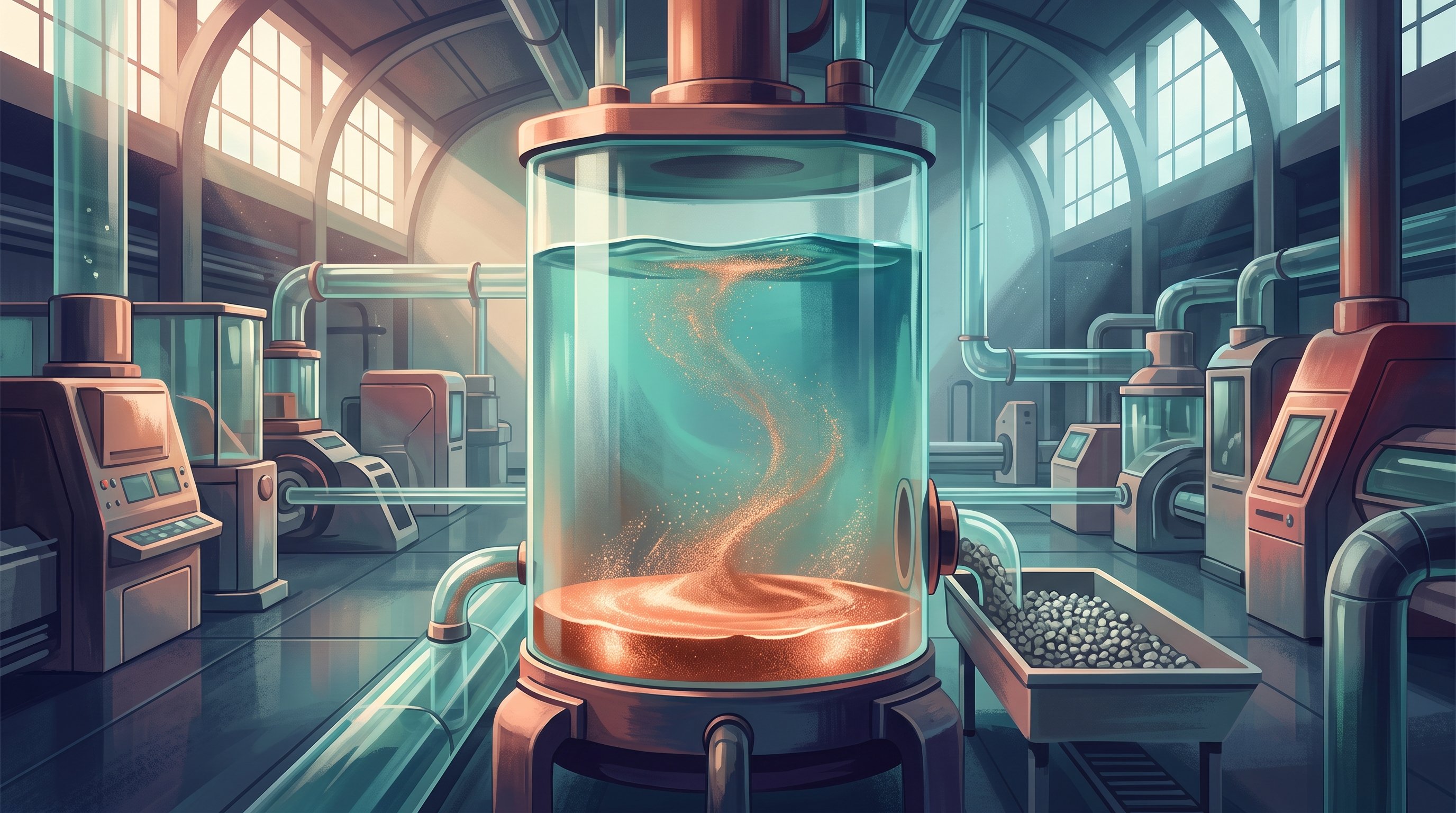 A large glass tank of blue-green liquid in a bright factory hall. Copper-coloured powder swirls in it and settles on the bottom as a shiny copper layer; next to it, a tray collects grey waste pebbles.