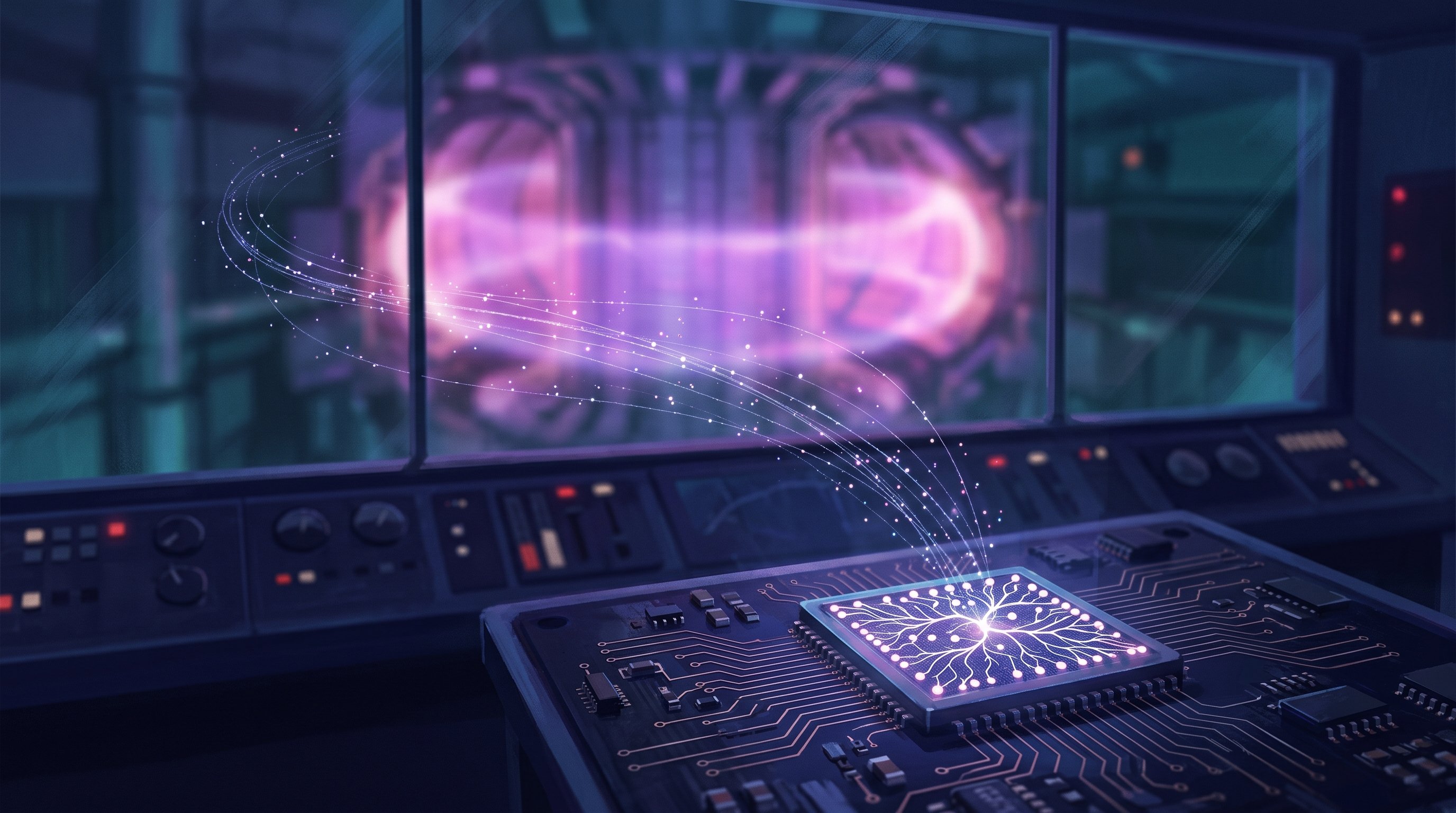 A glowing chip with a branching pattern like nerve cells on a circuit board in a control room. Through a large window, a fusion reactor with a glowing purple-pink plasma ring is blurrily visible; points of light stream from the reactor to the chip.