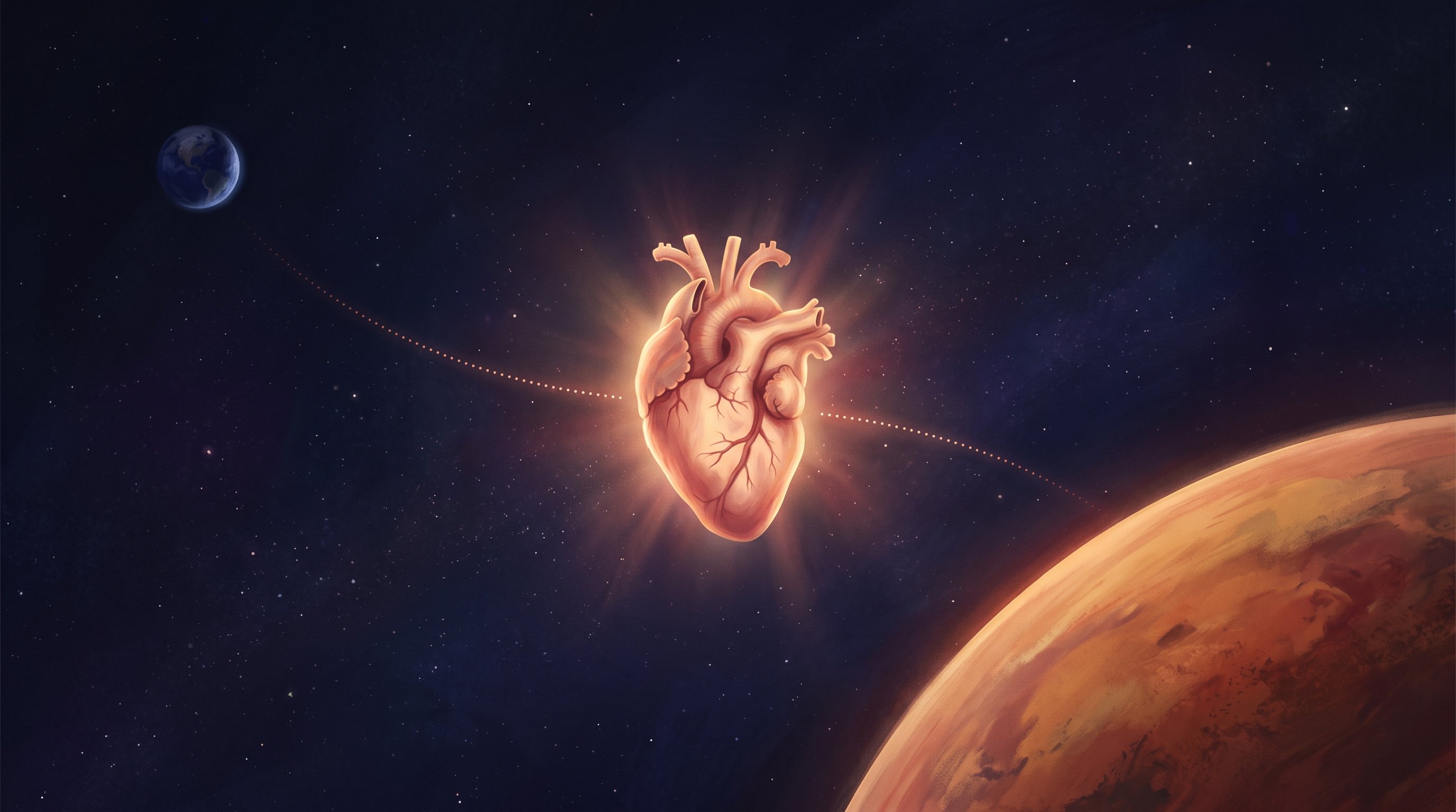 A softly glowing human heart floats in the starry sky. The Earth is a small blue sphere at the top left, the red planet Mars at the bottom right. A dotted line of light runs from the Earth past the heart to Mars.