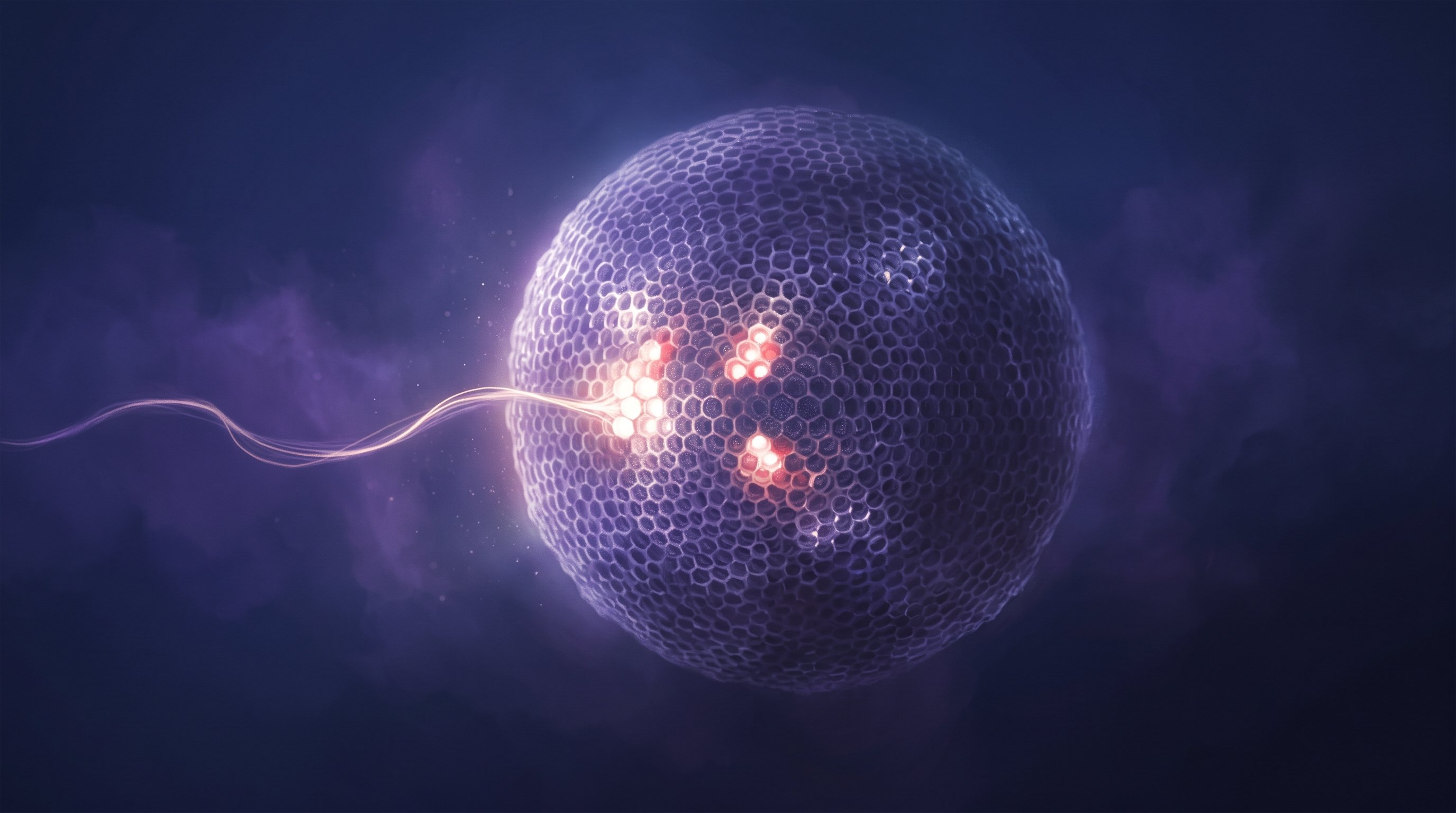 A large purple sphere built from hundreds of hexagonal cells floats in a dark blue haze. A thin, wavy beam of light enters the sphere from the left, where only a few small groups of cells light up red.