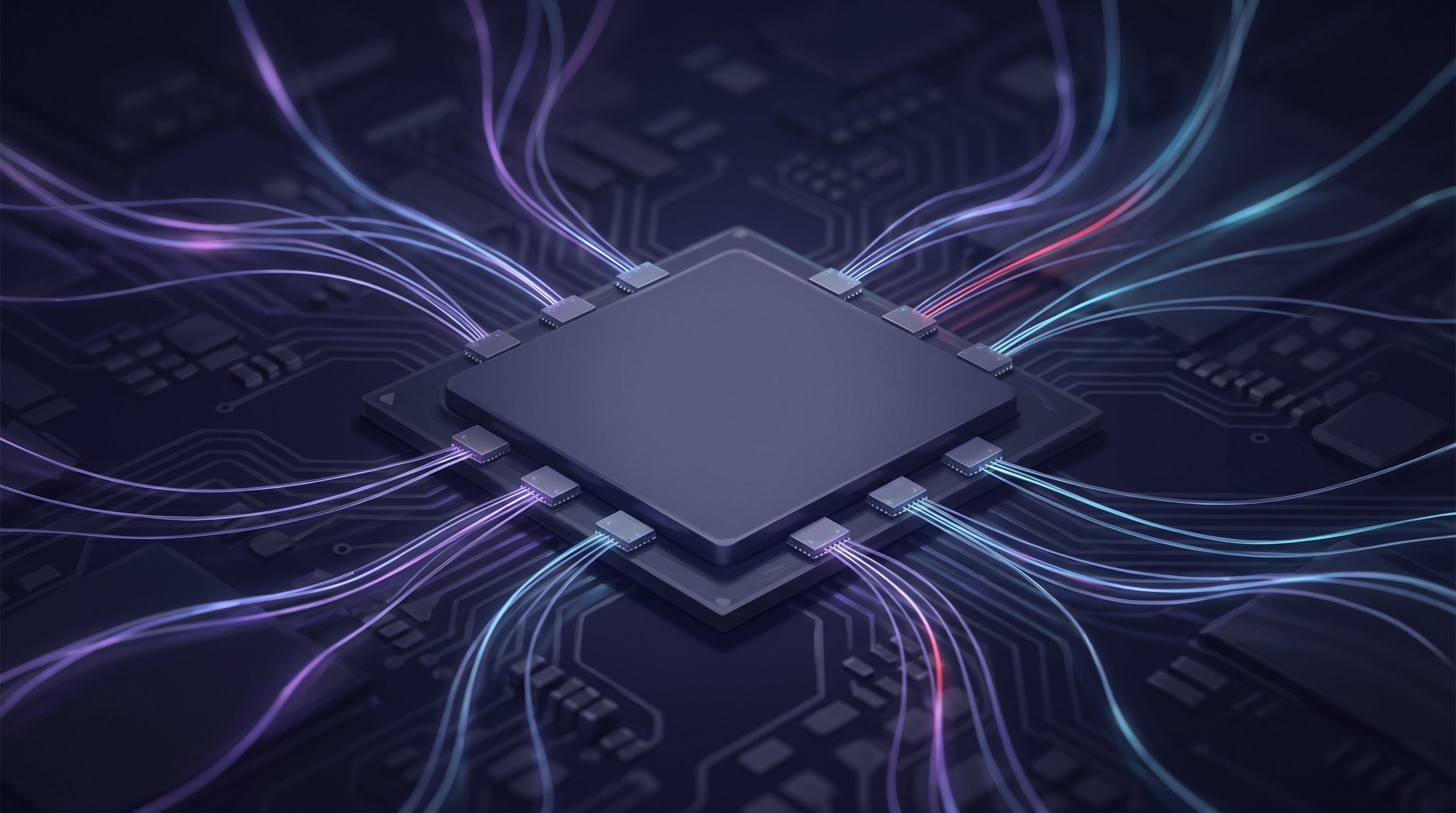 A large square chip on a dark circuit board, seen at an angle from above. Twelve small chips sit along its edges, and from each of them thin glass fibres carry purple, blue and a little red light outwards.