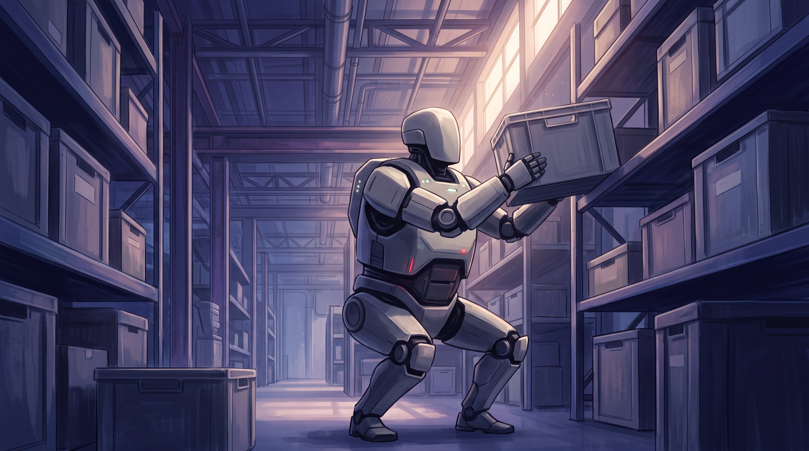 A sturdy grey humanoid robot without a face squats deeply in a warehouse aisle and lifts a grey crate towards a high shelf, in purple evening light.