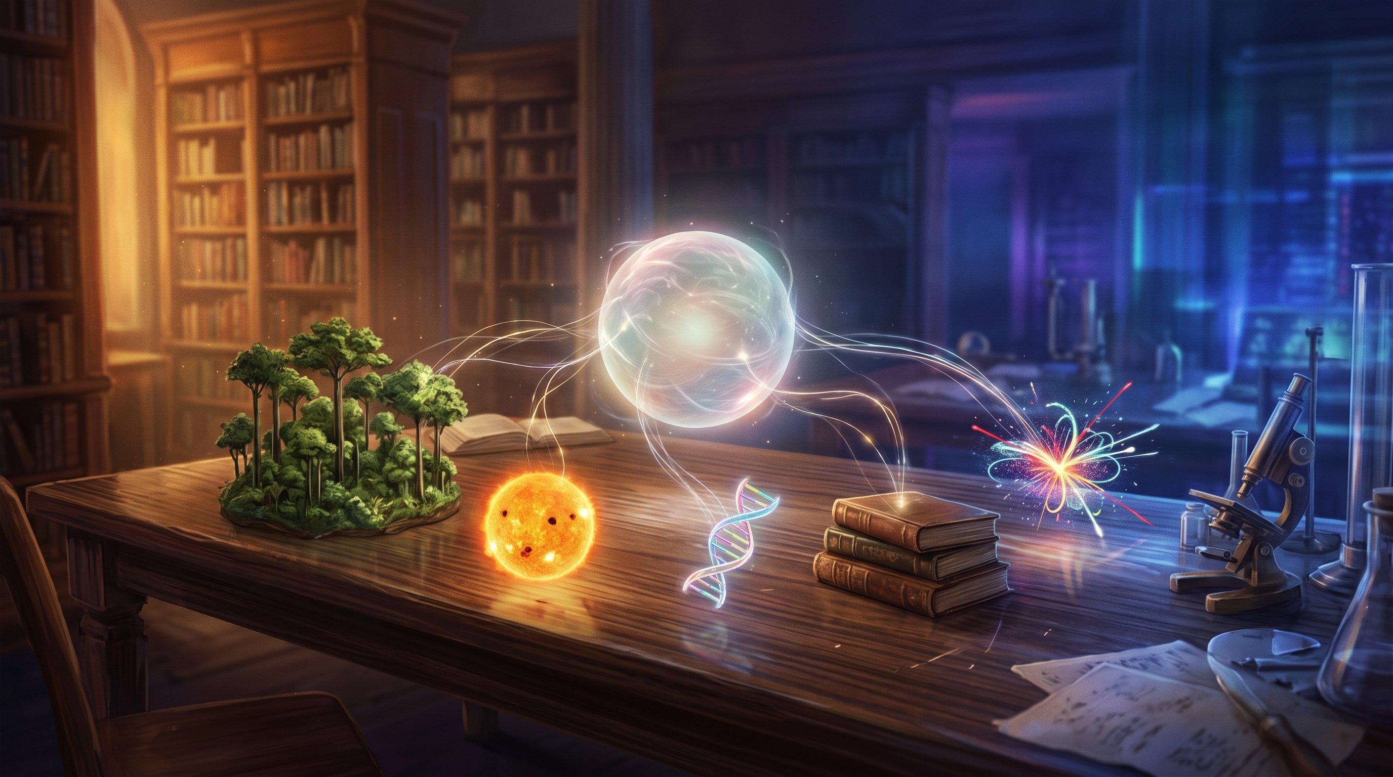 A glowing sphere of light above a wooden library table, with threads of light to a miniature rainforest, a small sun with spots, a DNA strand, a stack of books and a burst of particle tracks.