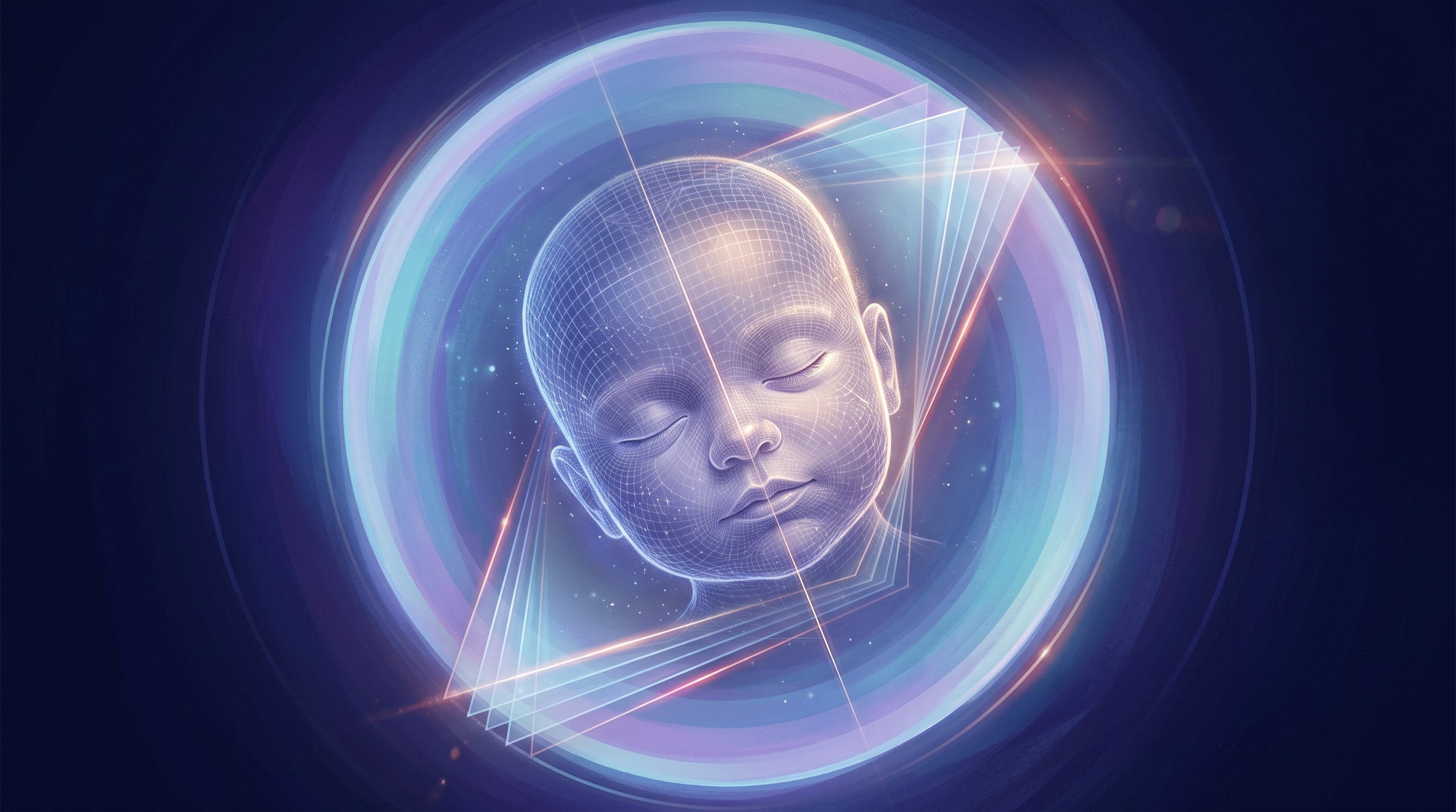 The transparent, glowing head of a sleeping baby, slightly tilted inside a round ring of light, with a line of light down the middle of the face and slanted glass slices that follow the tilt.