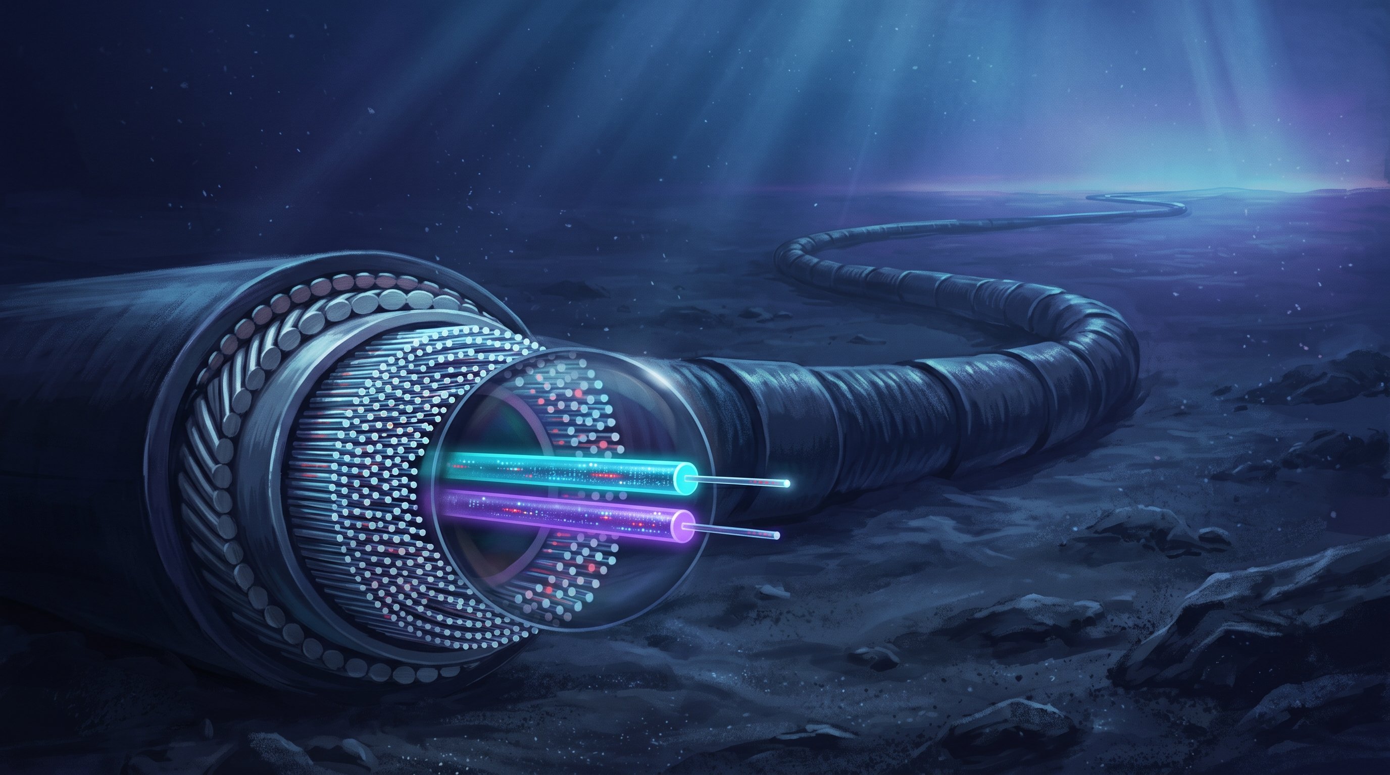 A cut-open subsea cable on the dark ocean floor, full of thin glass fibres; a magnifying glass shows one fibre with two light channels, one blue and one purple, while the cable winds away towards the horizon.