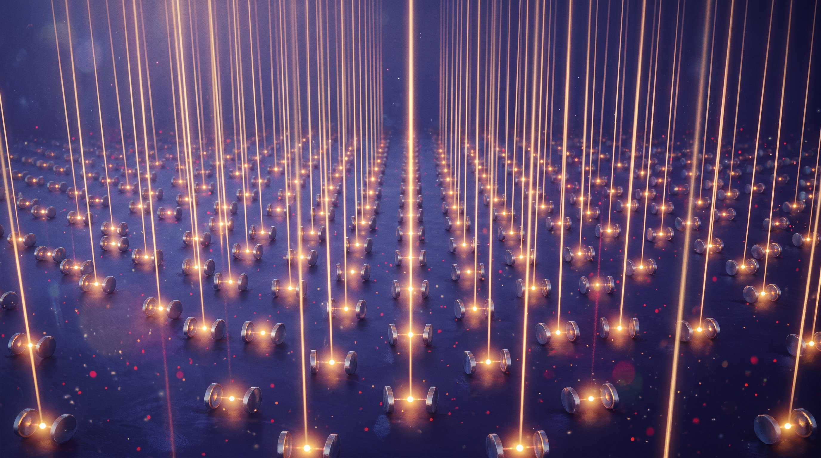 An endless grid of small pairs of mirrors on a dark blue floor. A point of light glows between each pair, and a thin golden beam of light rises straight up from each point.