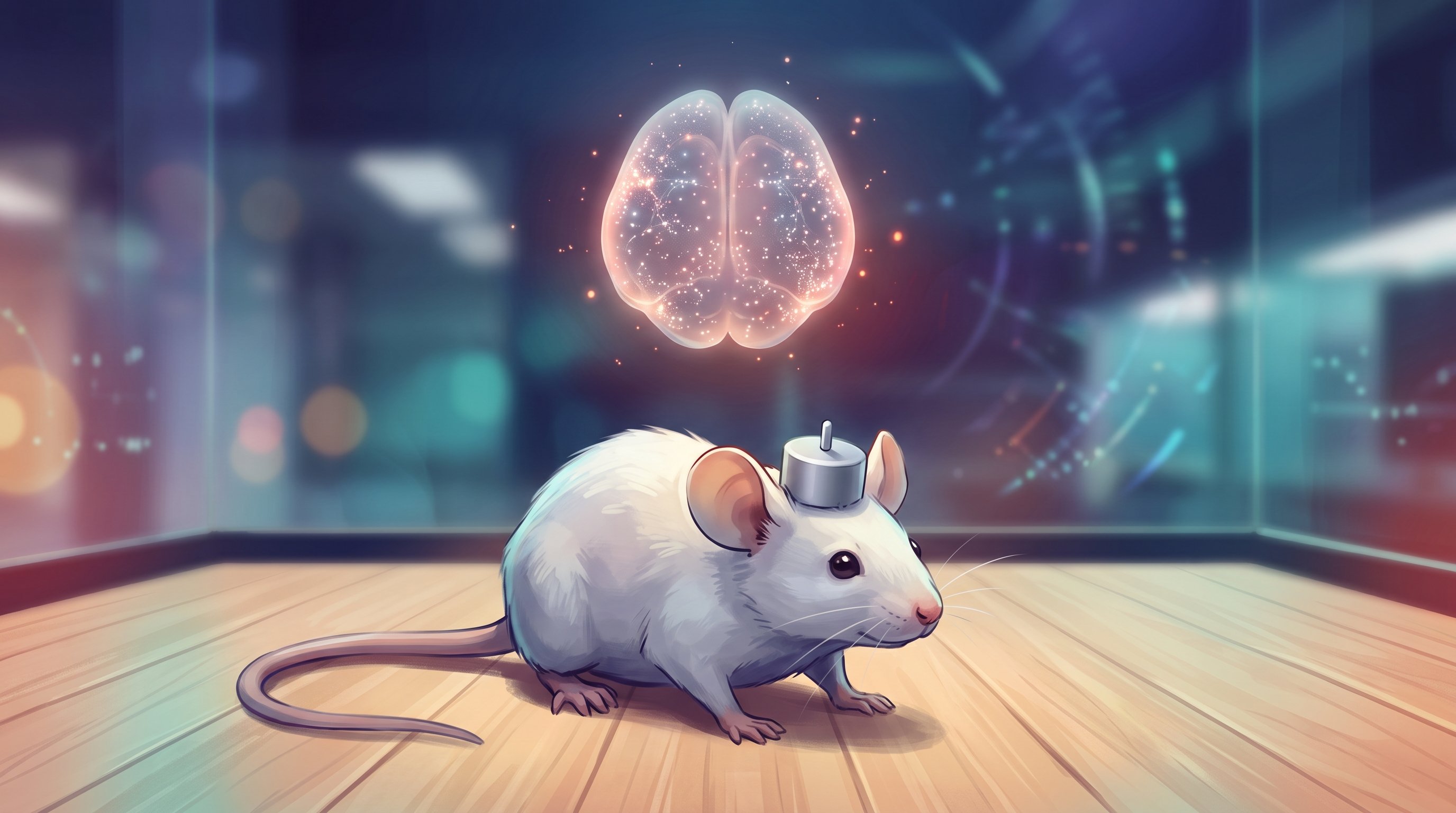 A white mouse on a wooden floor with a small metal device on its head, without cables. Above it floats a glowing, transparent mouse brain full of points of light.