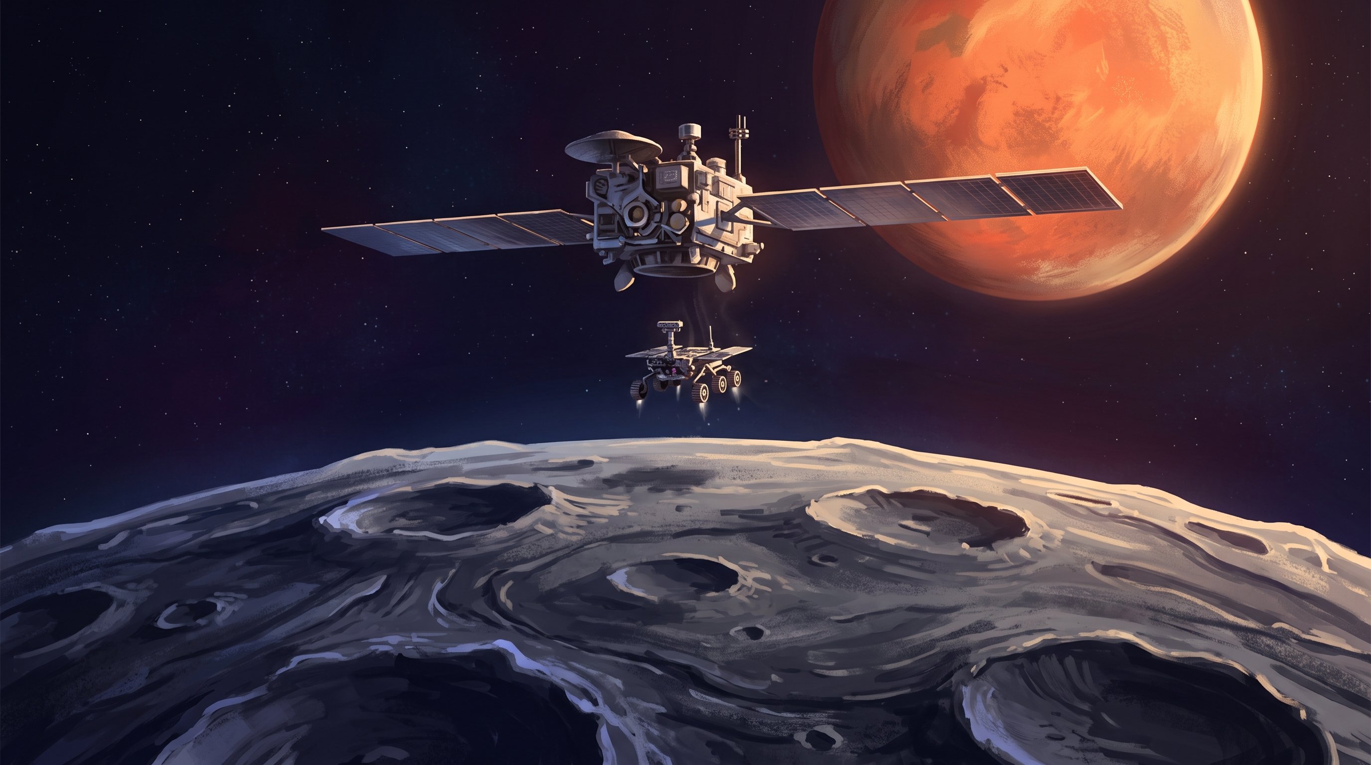 A space probe with solar panels floats above the grey, crater-covered surface of a small moon. A small four-wheeled rover descends below the probe. The orange-red planet Mars is in the background.