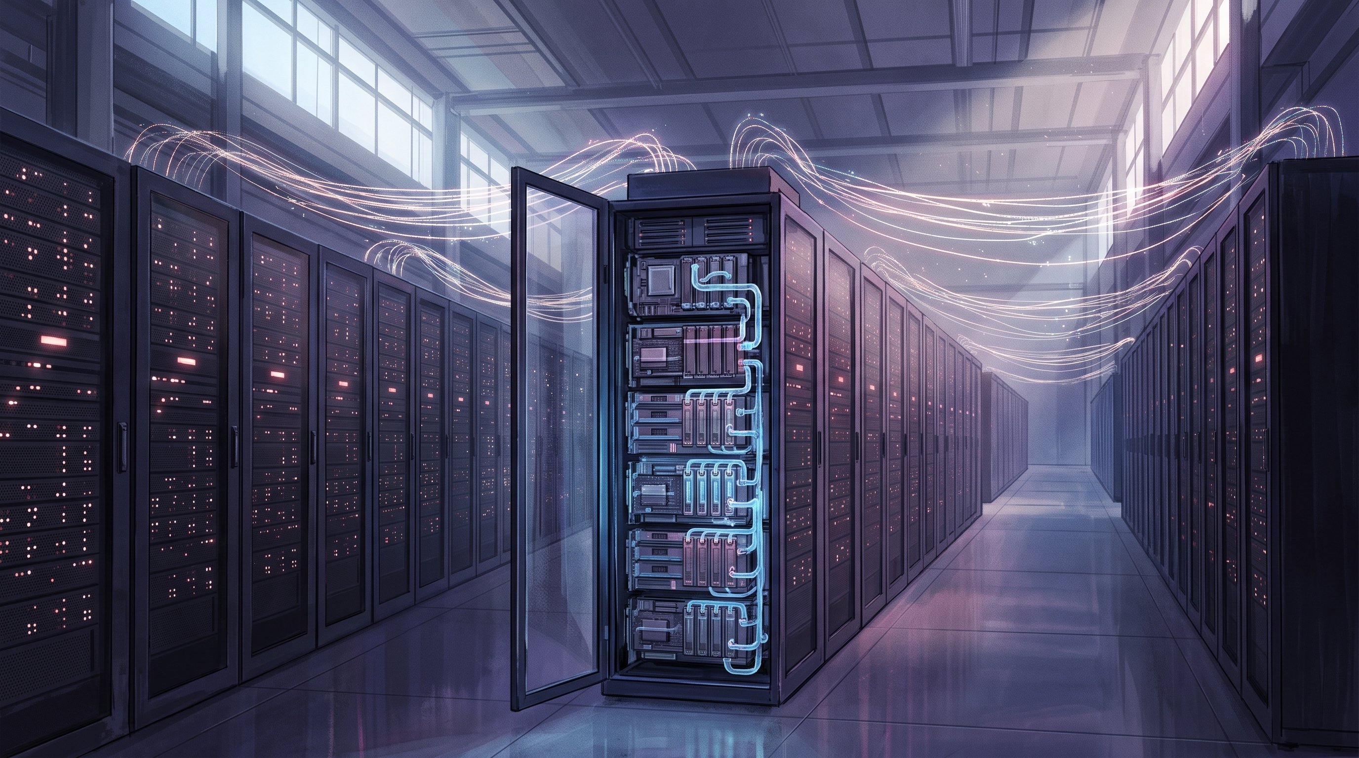 Long rows of dark server cabinets in a bright hall, connected by glowing lines in the air; in the middle one cabinet stands open, showing computing cards and blue glowing cooling pipes.