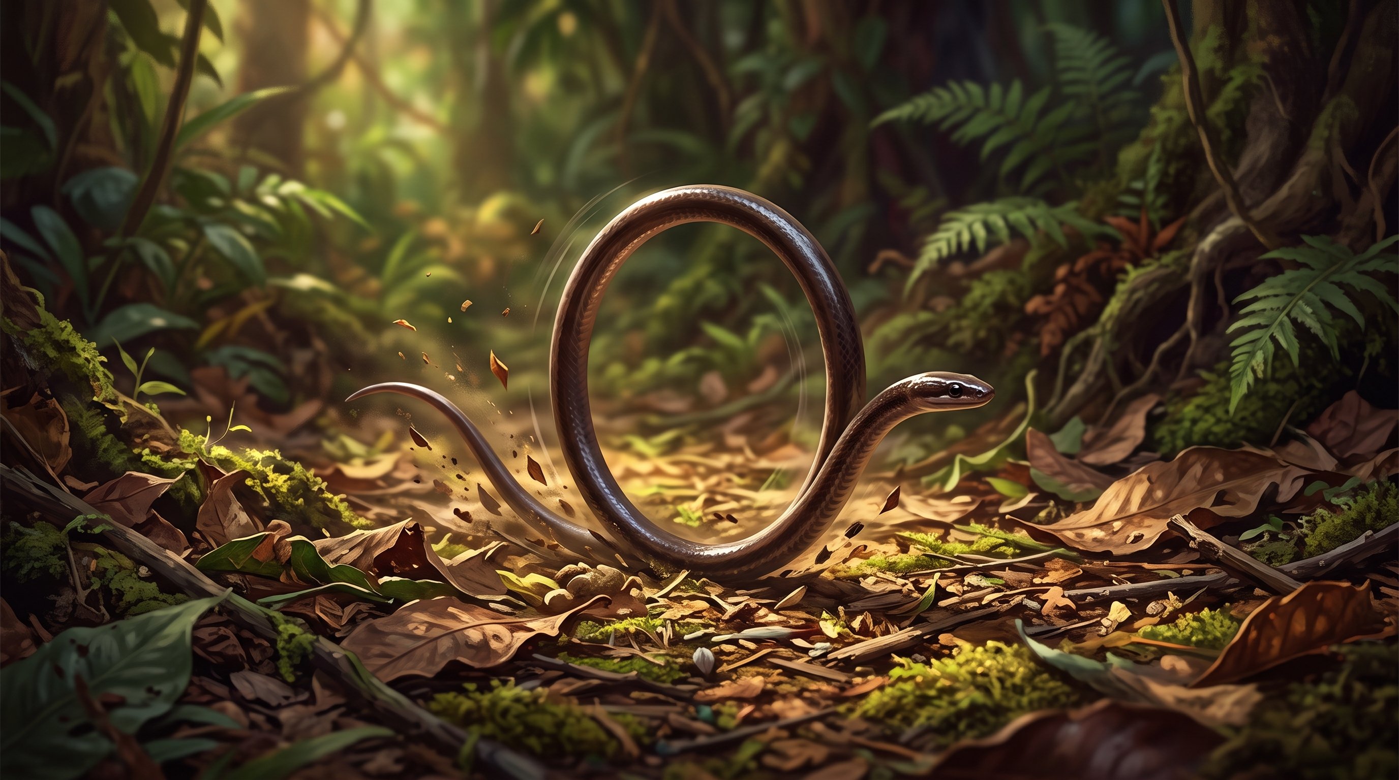 A small, glossy brown snake rolls across the floor of a rainforest: its body forms an upright loop, the tail pushes off among flying leaves and the head looks straight ahead.