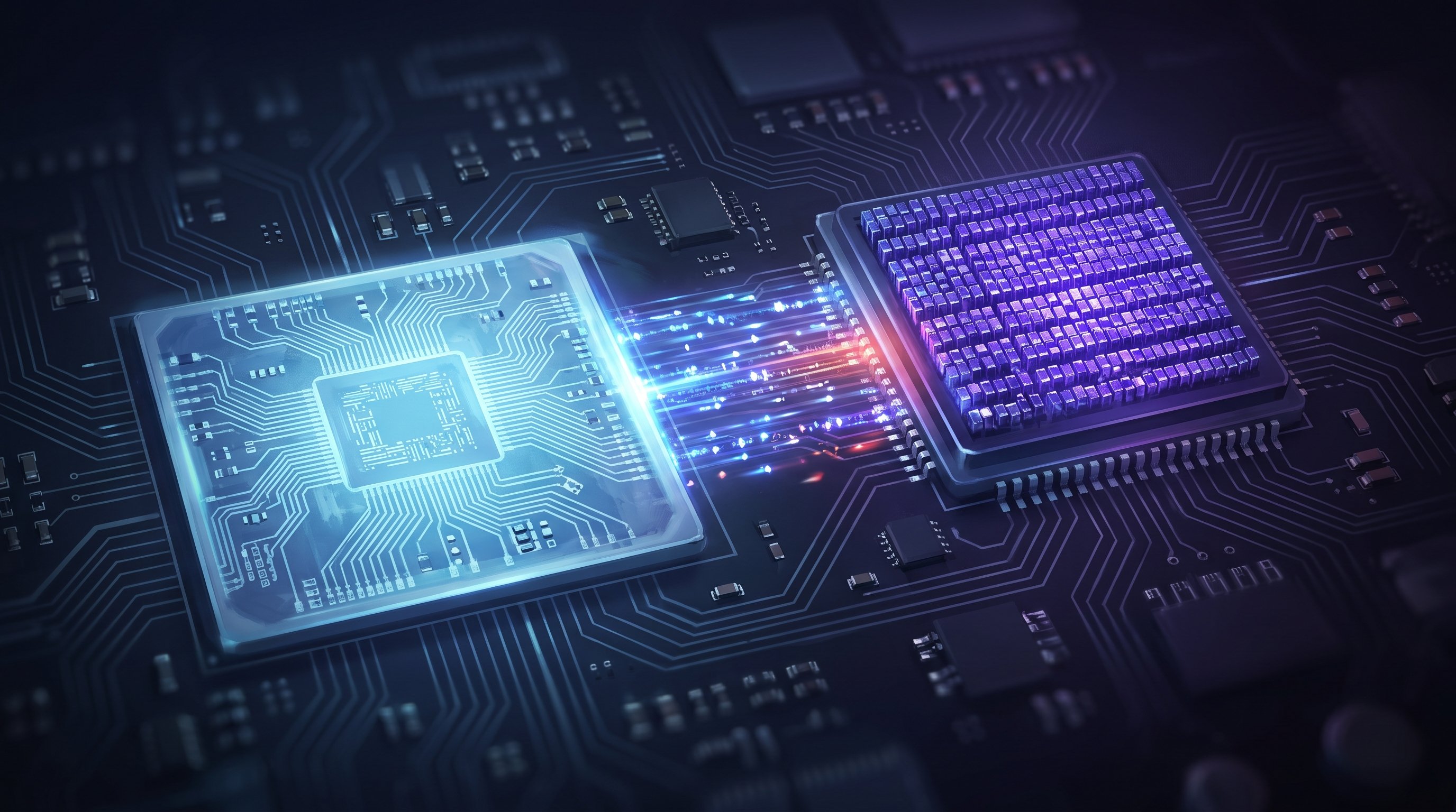 Two computer chips side by side on a dark circuit board: on the left a chip glowing blue with fine lines, on the right a chip full of purple blocks, connected by a bundle of light beams.