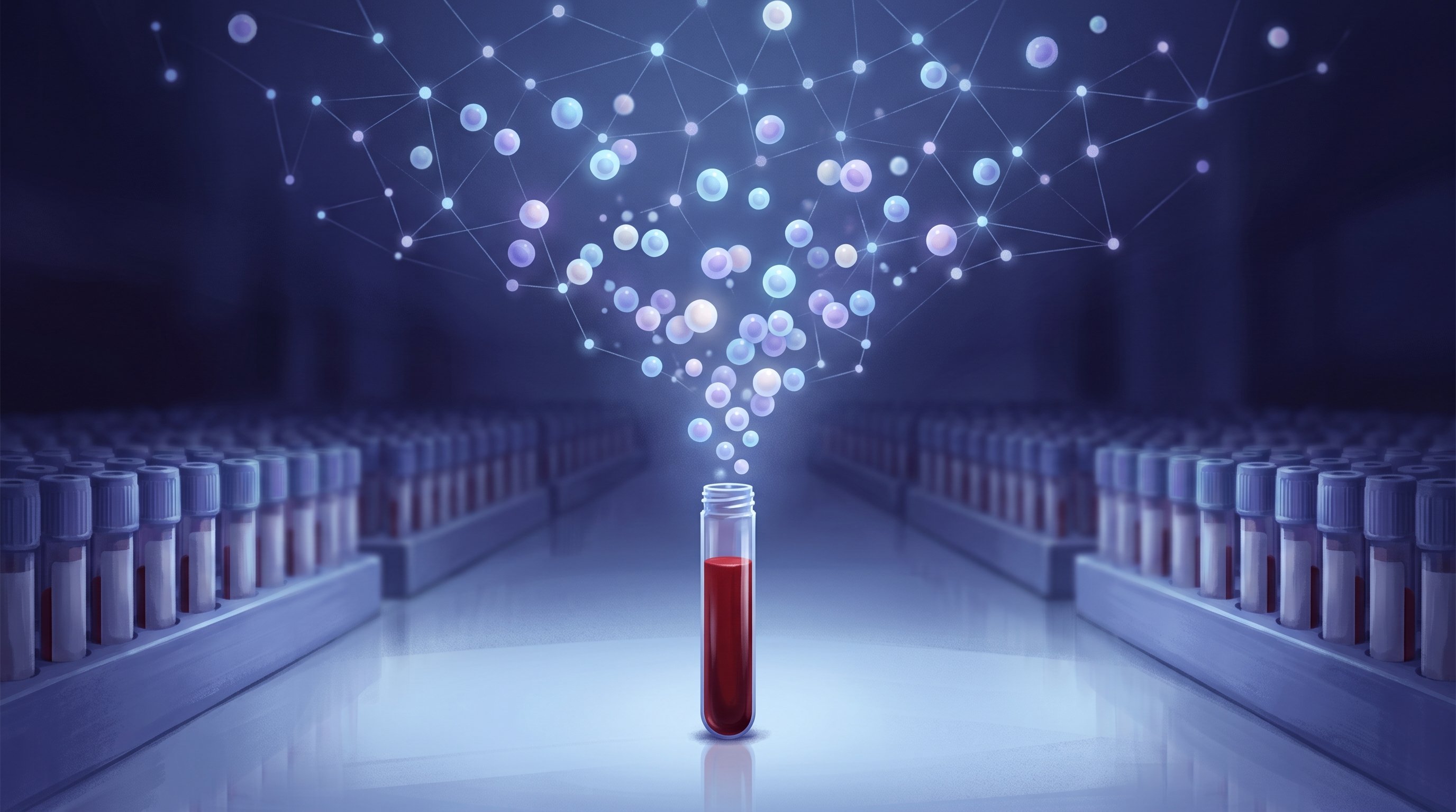 An open tube of dark red blood in a lab, from which glowing round cells rise and form a network of connected dots at the top. Long rows of blood tubes in racks stand on both sides.