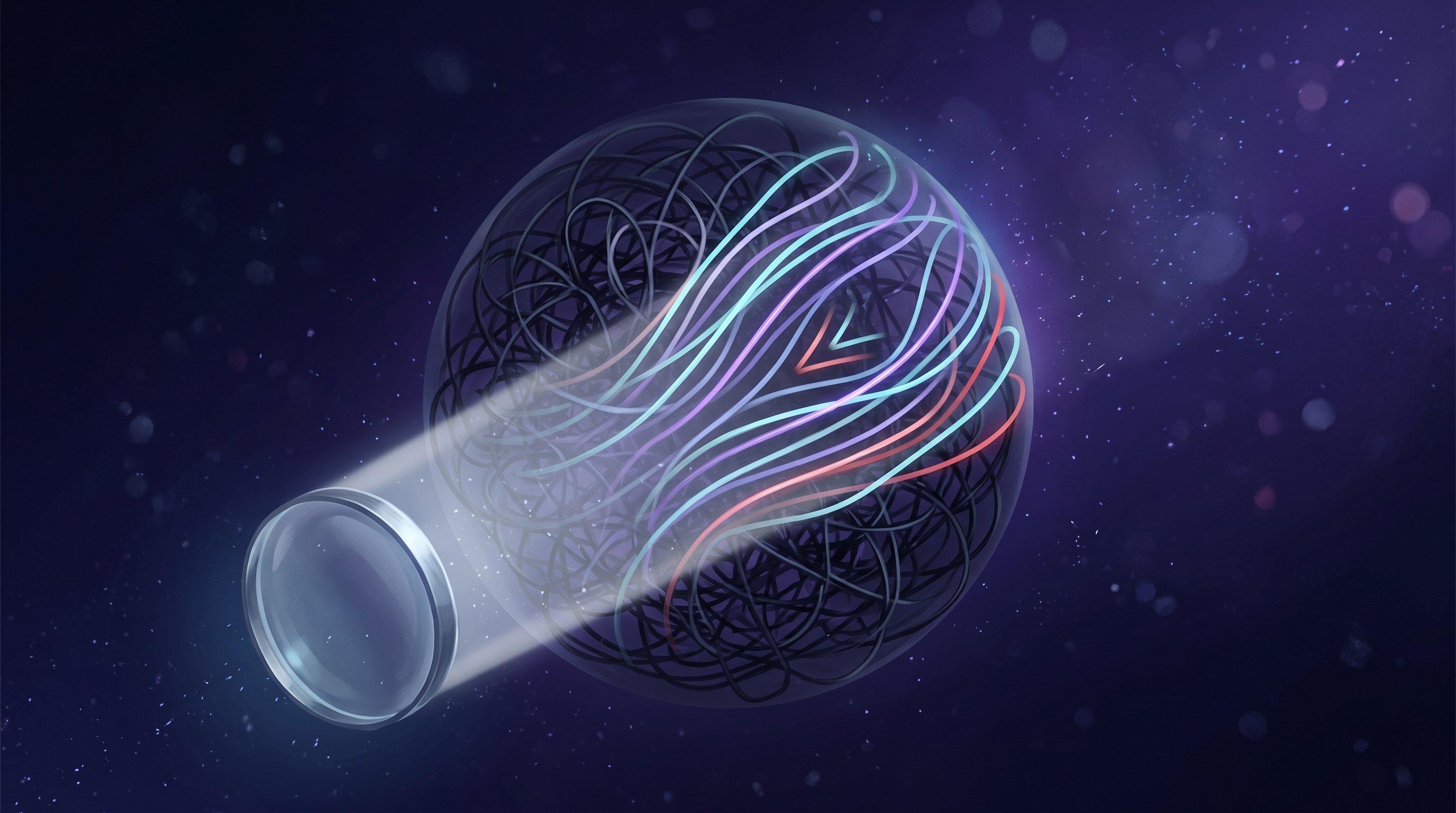 A transparent sphere full of dark, tangled threads floats in space. A beam of light from a lens shines into it, and where the light falls the threads run neatly side by side in blue, purple and red, with a small V shape.