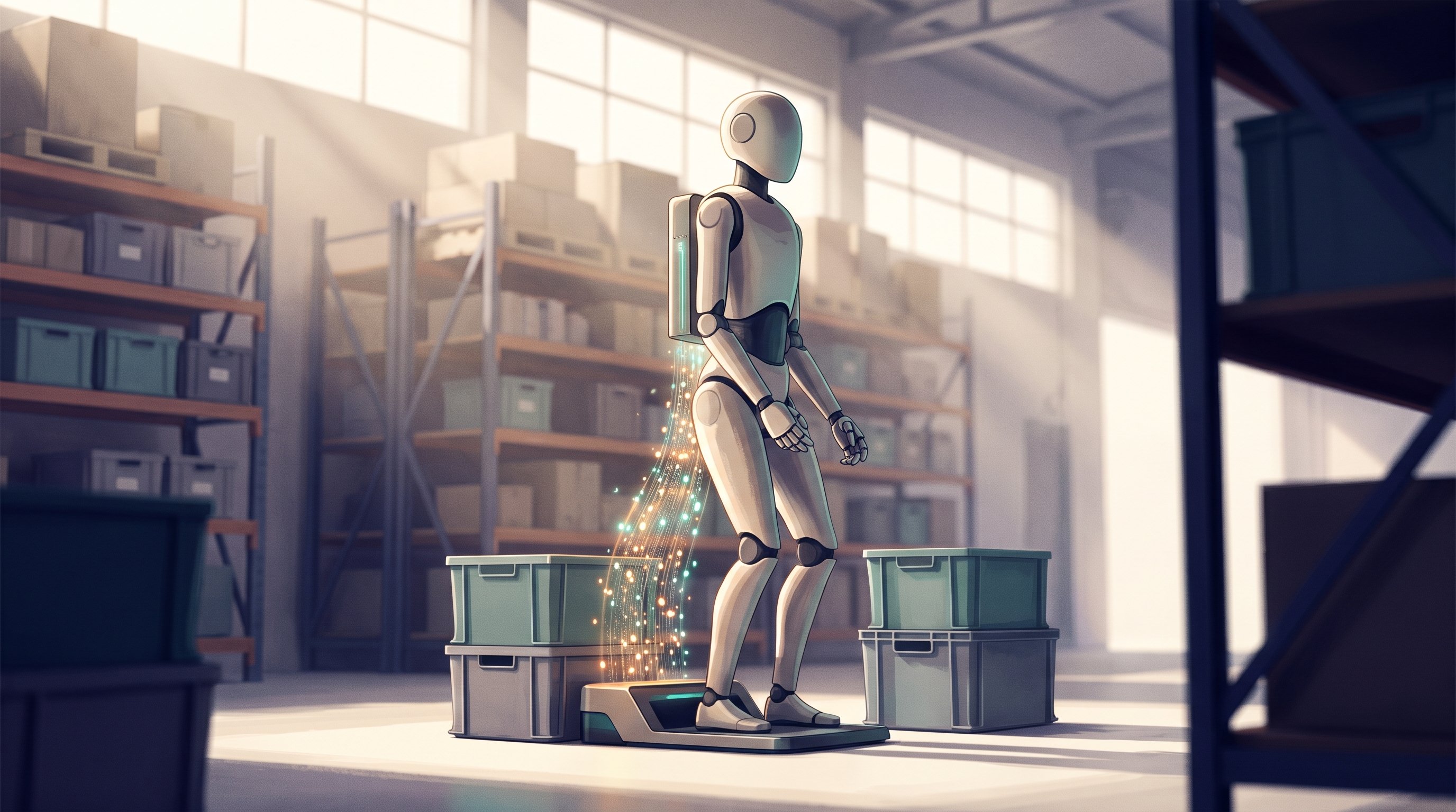 A white humanoid robot with a battery pack on its back stands on a charging plate in a bright warehouse between crates and shelving; a stream of glowing particles of light runs between the charging plate and the battery.