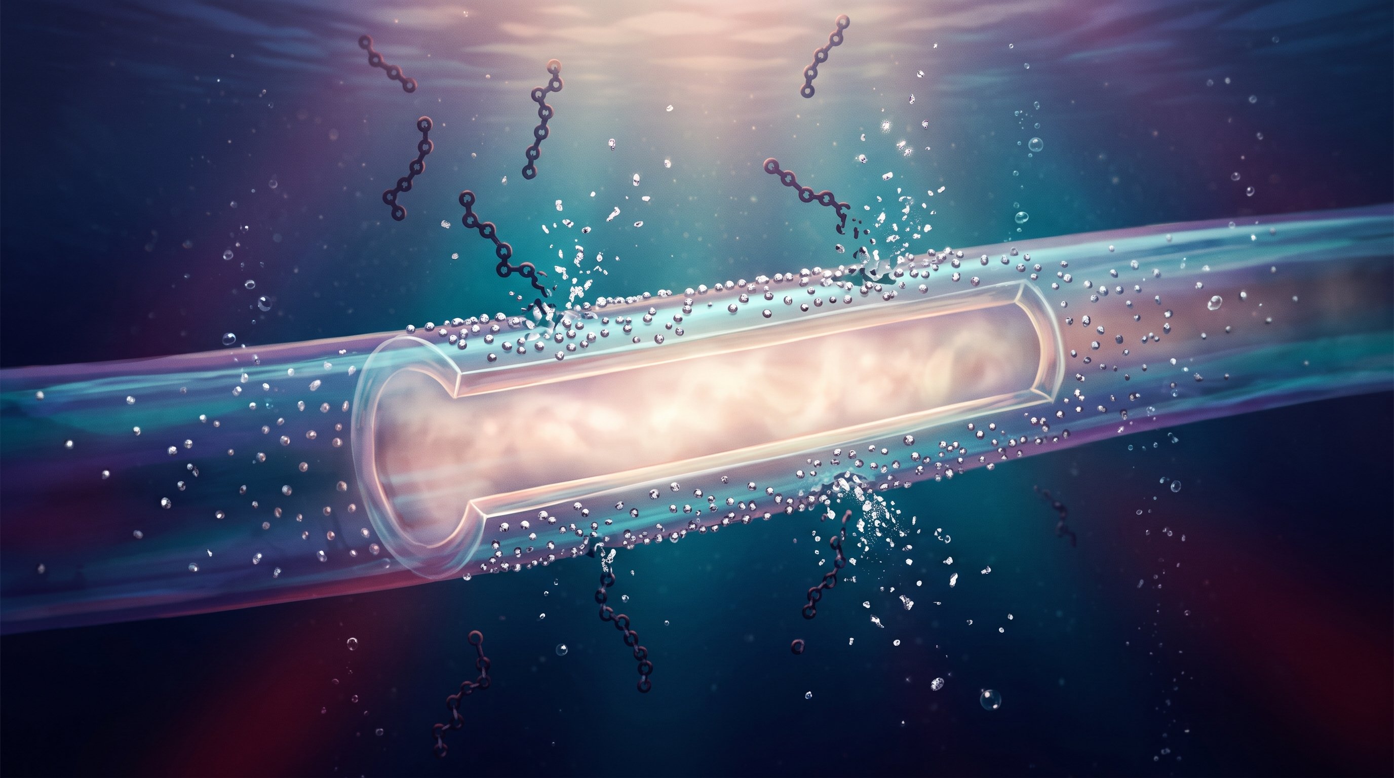 A transparent hollow fibre lies under water, with a cut-away section holding a warm glow. Silver grains cover the outside; dark chain-shaped molecules break apart into light particles near the fibre.