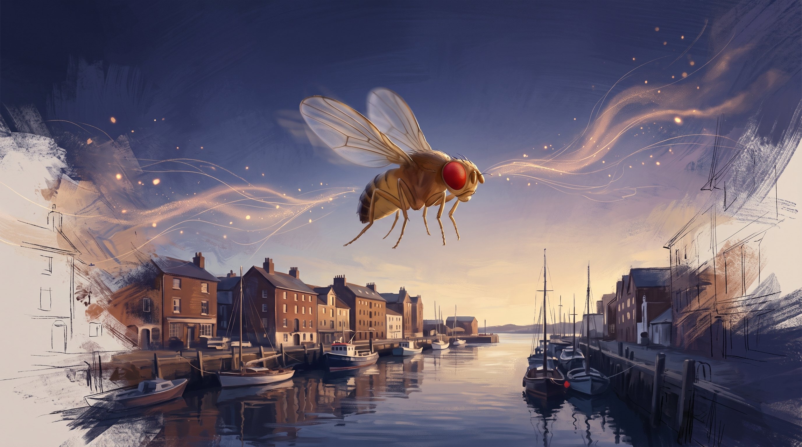 A fruit fly with red eyes and transparent wings flies above a harbour with boats and quayside houses. At the edges, the harbour turns into loose brush strokes, sketch lines and particles of light.