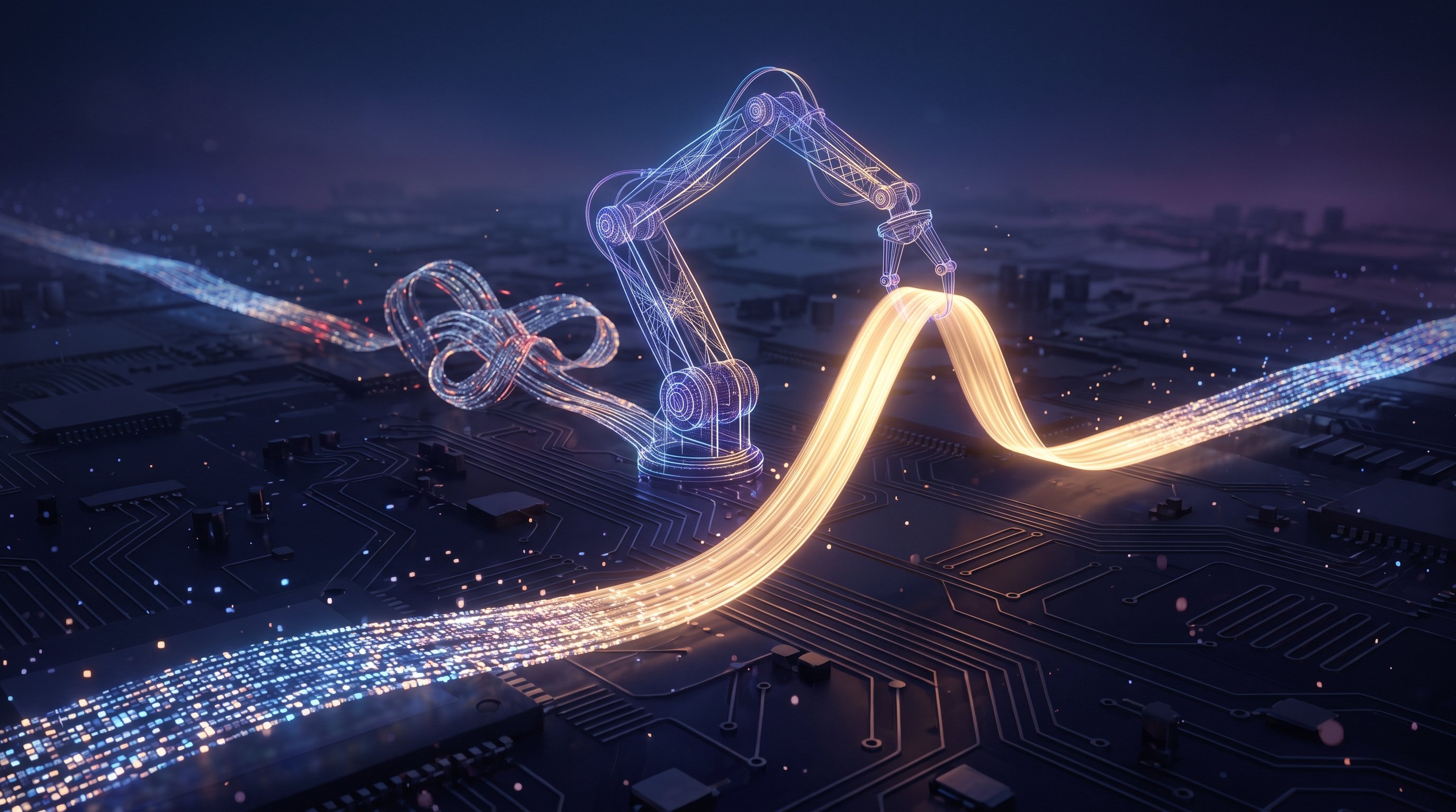 A glowing ribbon of small blocks of light runs across a dark circuit board. A robotic arm made of lines of light replaces a tangled section of the ribbon with a smooth, golden section.