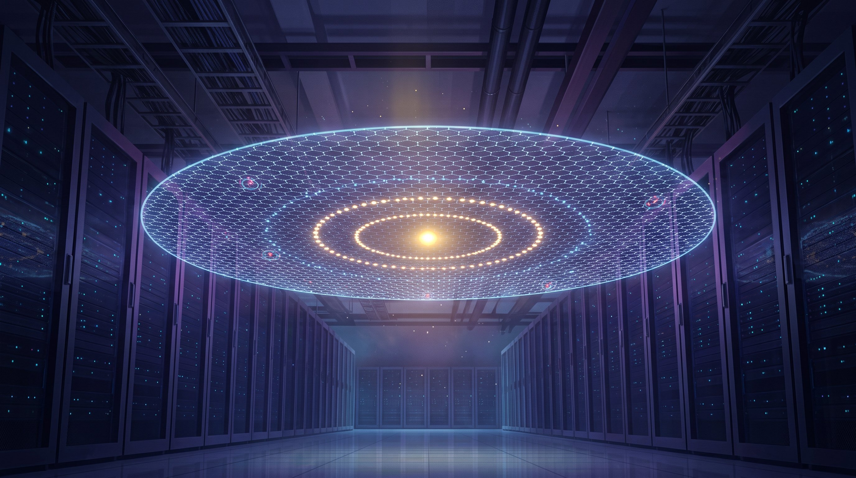 A long hall with rows of server cabinets. Above them floats a transparent disc with a honeycomb pattern of points of light, with a golden point of light and golden rings in the middle. A few red sparks are circled by blue rings.
