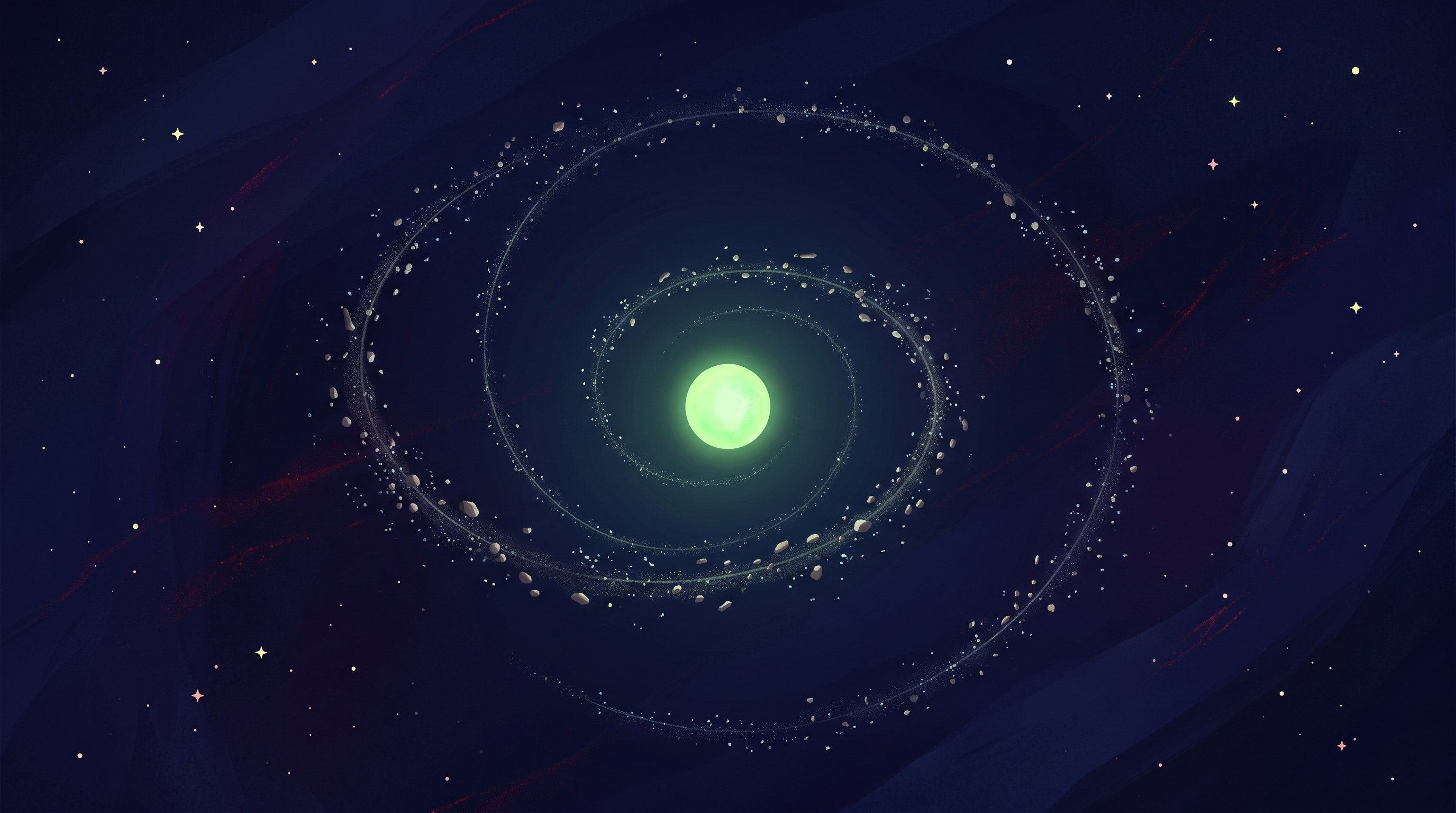 A small, green glowing star in the middle of a dark blue starry sky, surrounded by a spiral of dust and rock fragments turning towards the star.