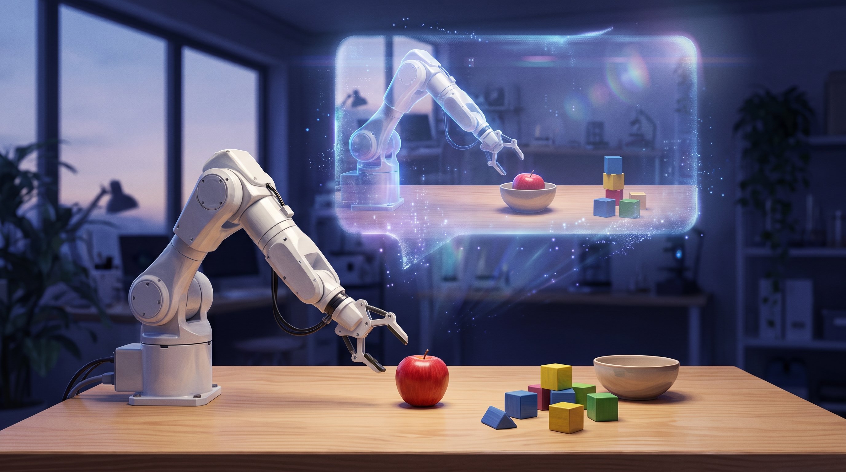 A white robot arm on a wooden table reaches for a red apple next to coloured blocks. Above it floats a transparent, glowing image of the same table with the apple in a bowl and the blocks stacked.