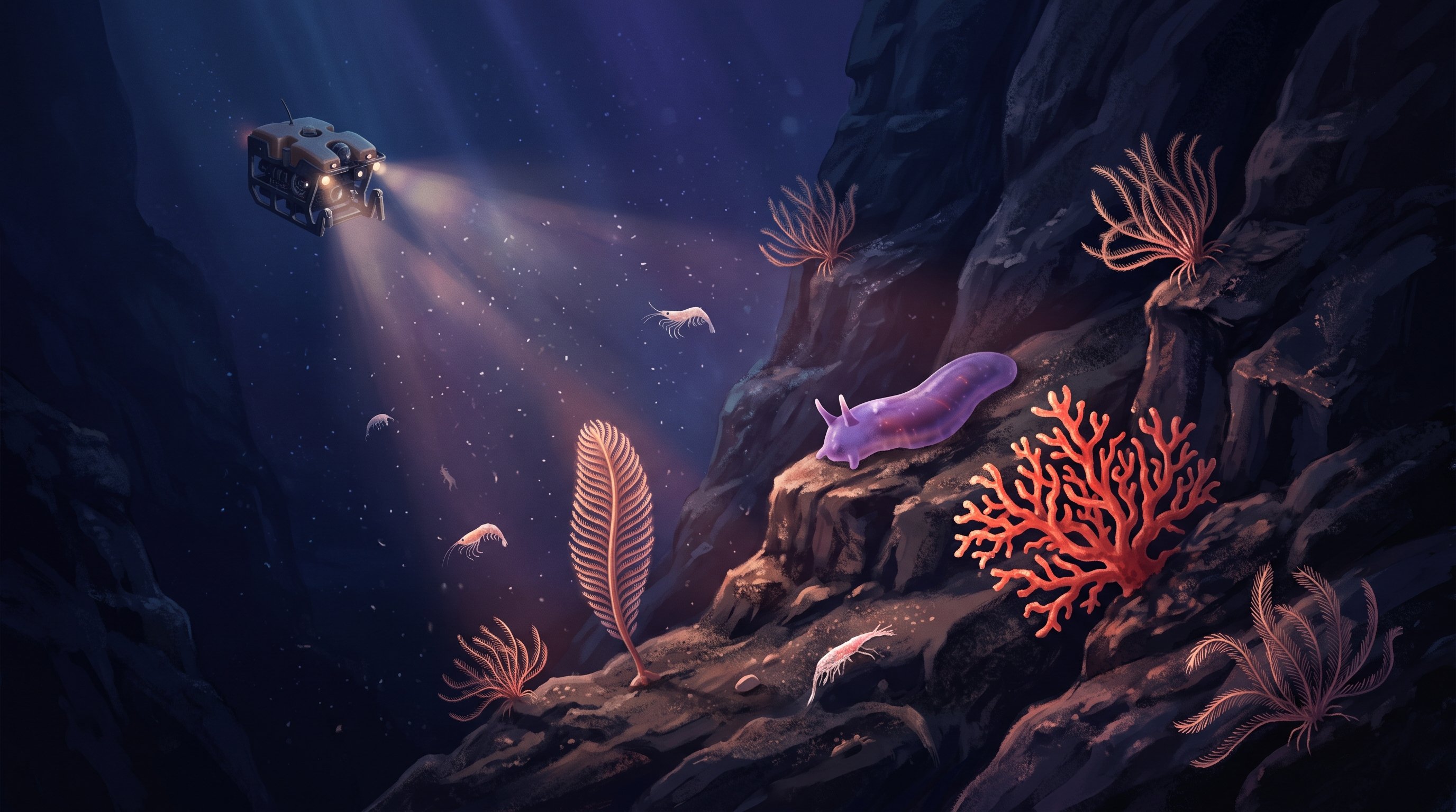 An underwater robot shines its lamps on a dark rock wall in the deep sea, with a purple sea cucumber with two little horns, a red-orange coral, a sea pen, sea lilies and small crustaceans.