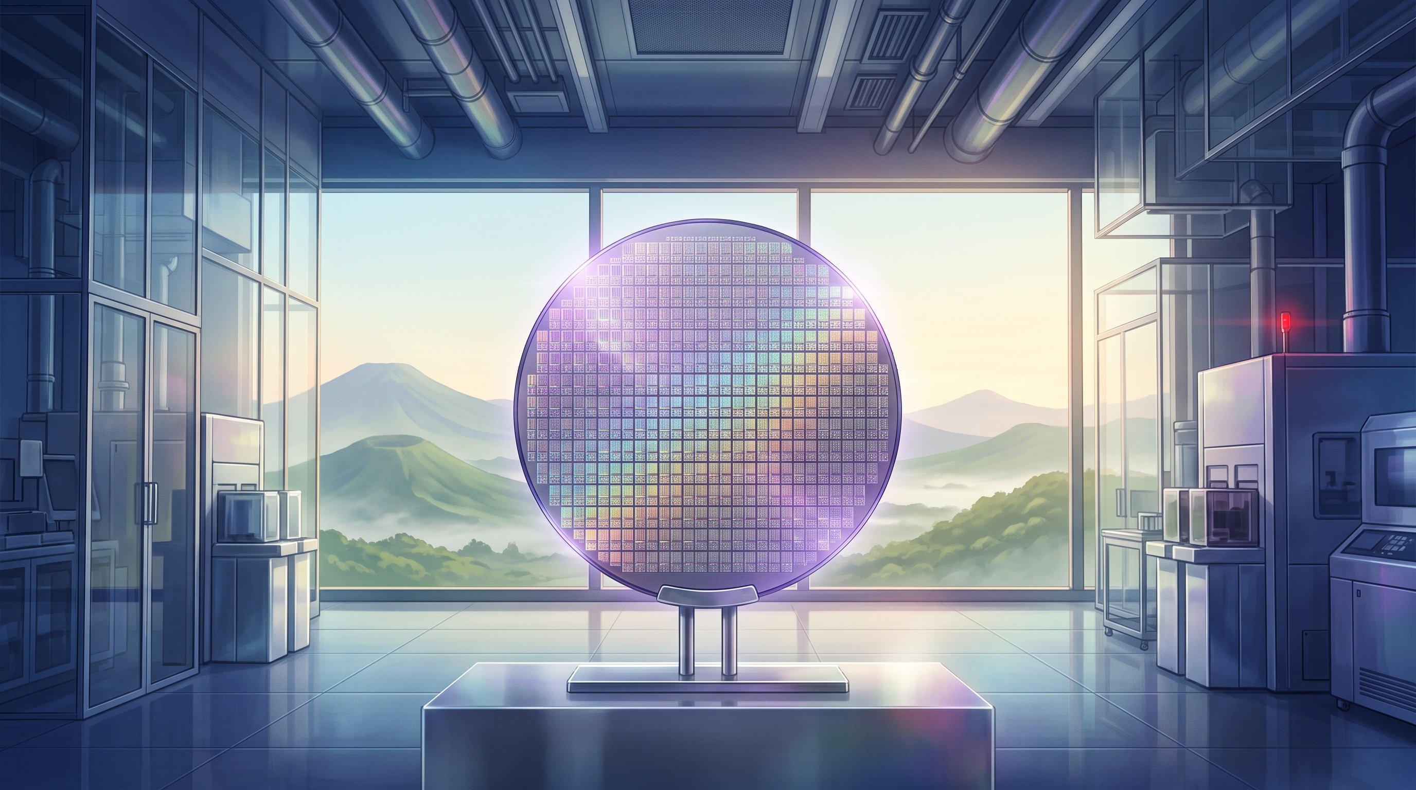 A shiny silicon disc full of small chips in rainbow colours stands on a pedestal in a bright cleanroom, with green volcanic hills in the morning mist seen through a large window.