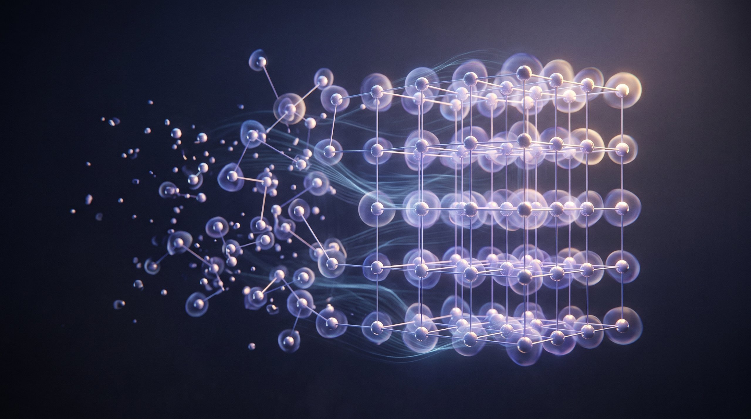 Glowing atoms, connected by thin lines, change from left to right from a loose, scattered cloud into an ordered cubic crystal lattice, with glowing clouds of light around the atoms on a dark blue background.
