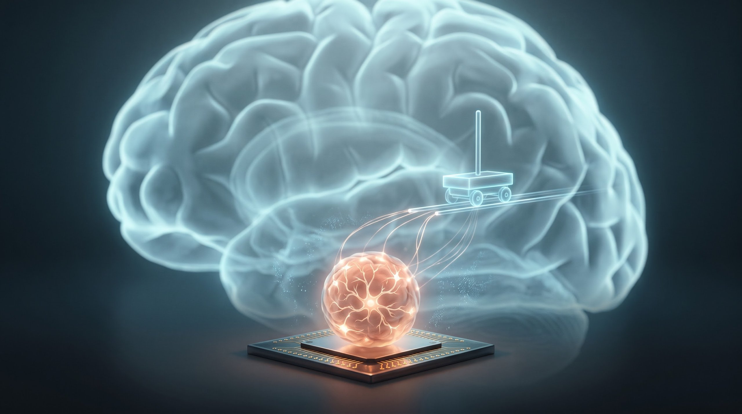 A small, orange-glowing sphere of brain tissue on a chip with electrodes. Threads of light run to a cart with an upright pole. In the background floats a large, translucent blue human brain.