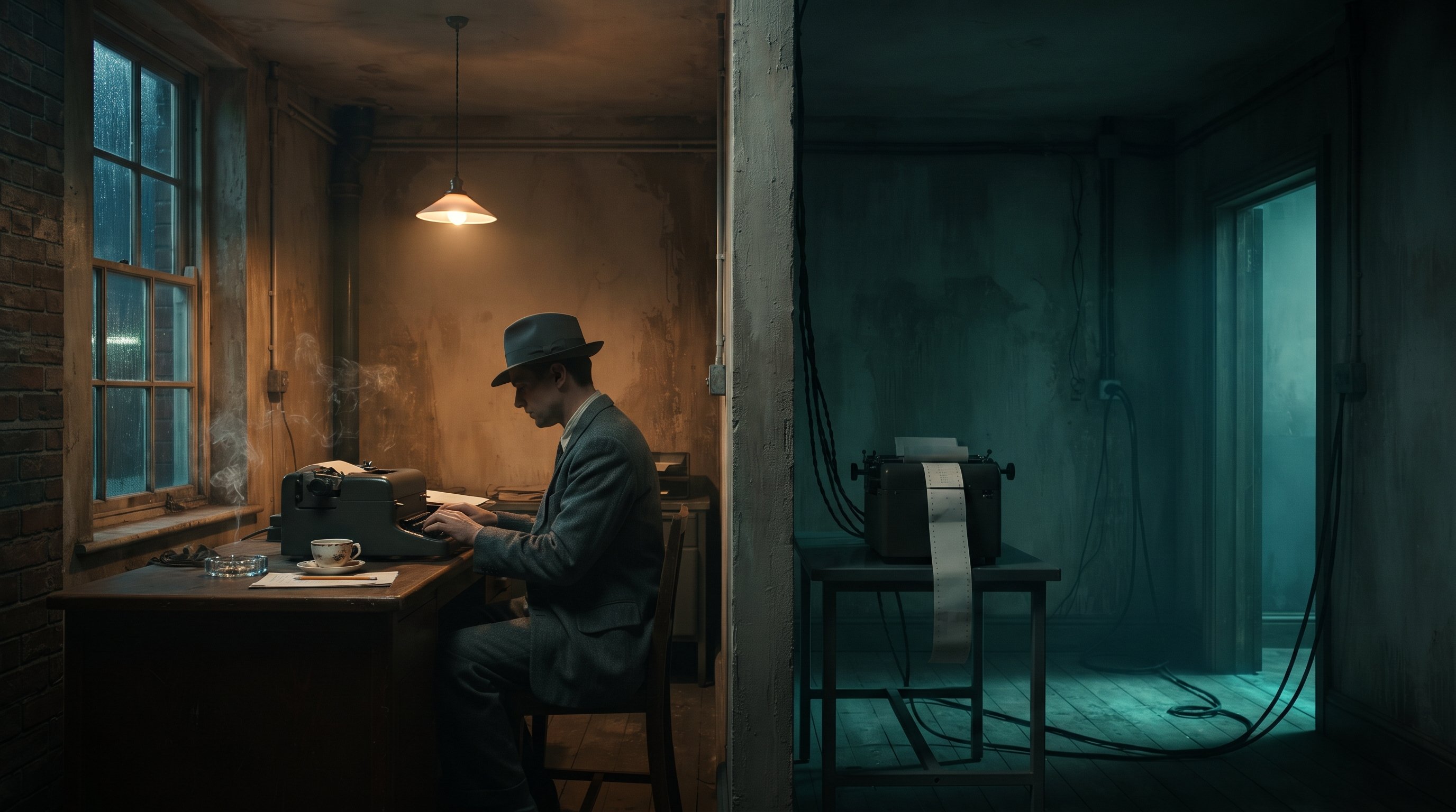 A man types at a teleprinter in warm lamplight. Behind a wall, in a cold, blue and empty room, a second teleprinter prints out a long strip of paper by itself.